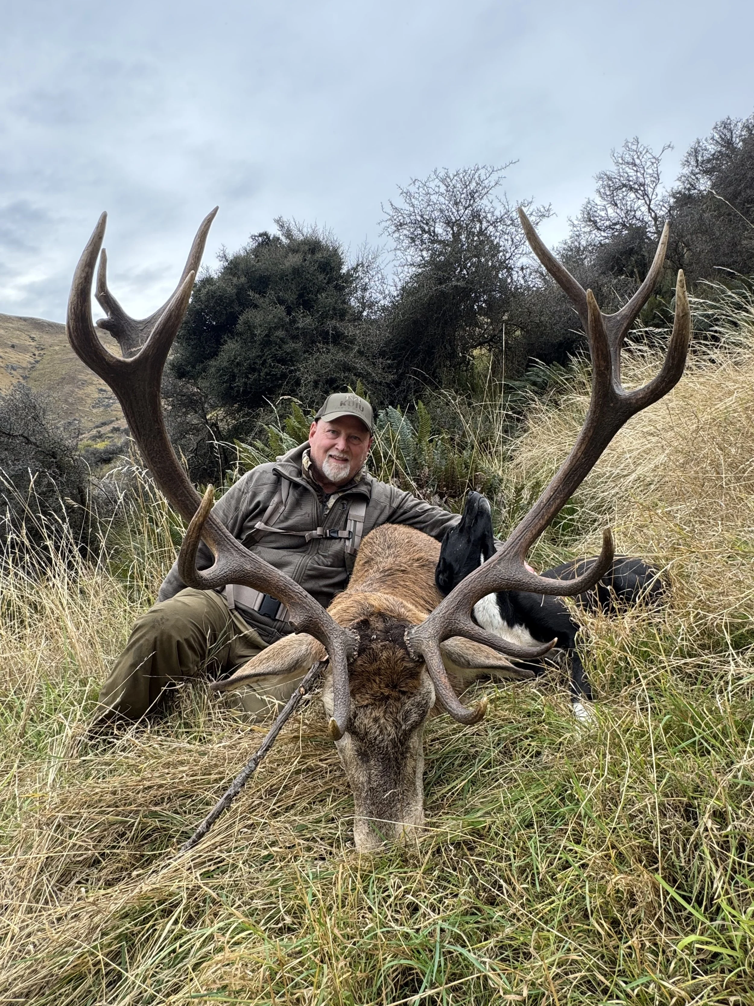 A man in outdoor gear kneels next to a large elk with big antlers in a grassy outdoor area with trees and hills in the background.