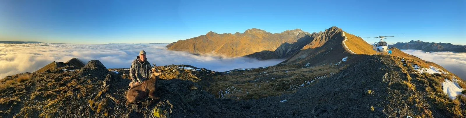 A person in outdoor gear kneeling next to a mountain goat on a rocky mountain top with a helicopter parked on the ridge, surrounded by mountain peaks and clouds.
