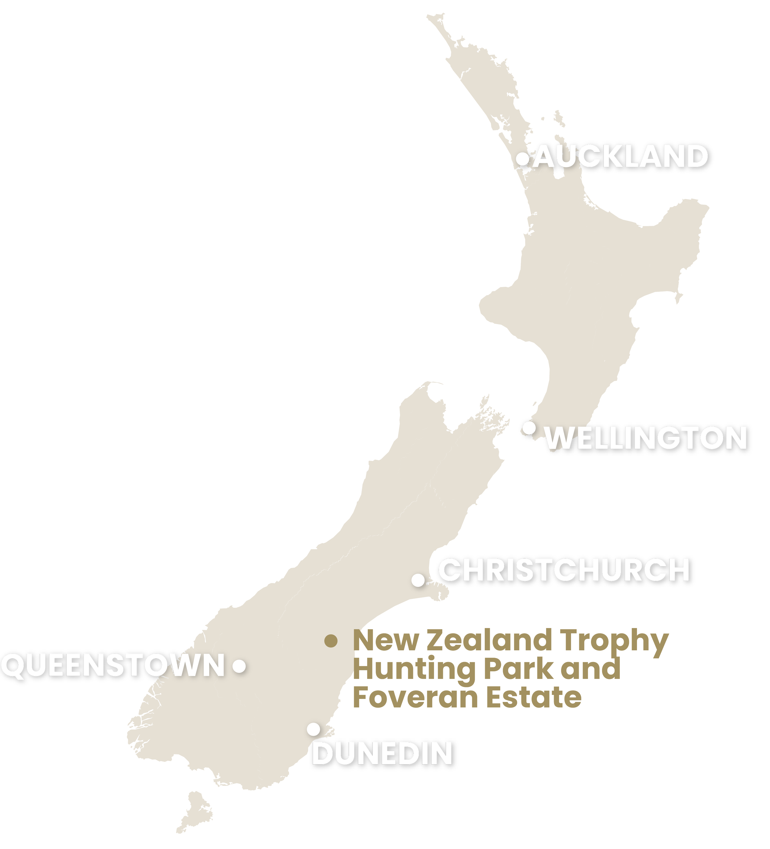 Color-coded map of New Zealand highlighting major cities including Auckland, Wellington, Christchurch, Queenstown, and Dunedin. The map also notes the location of the New Zealand Trophy Hunting Park and Foveran Estate.