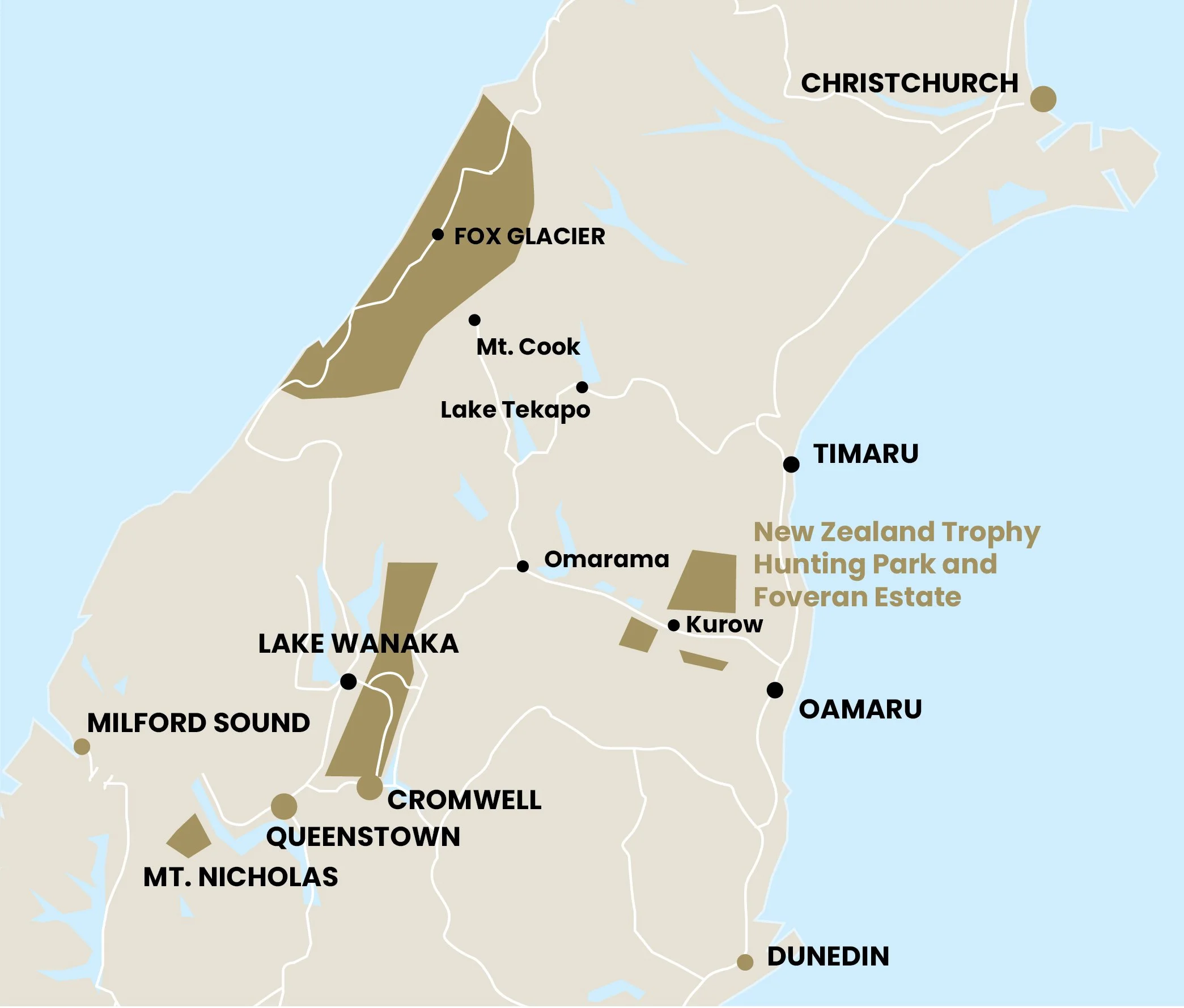 Map of the South Island of New Zealand showing locations including Christchurch, Fox Glacier, Lake Tekapo, Mt. Cook, Timaru, Omarama, Kurow, Oamaru, Dunedin, Queenstown, Mt. Nicholas, Cromwell, Lake Wanaka, Milford Sound, and other areas with highlighted regions of New Zealand Trophy Hunting Park and Foveran Estate.