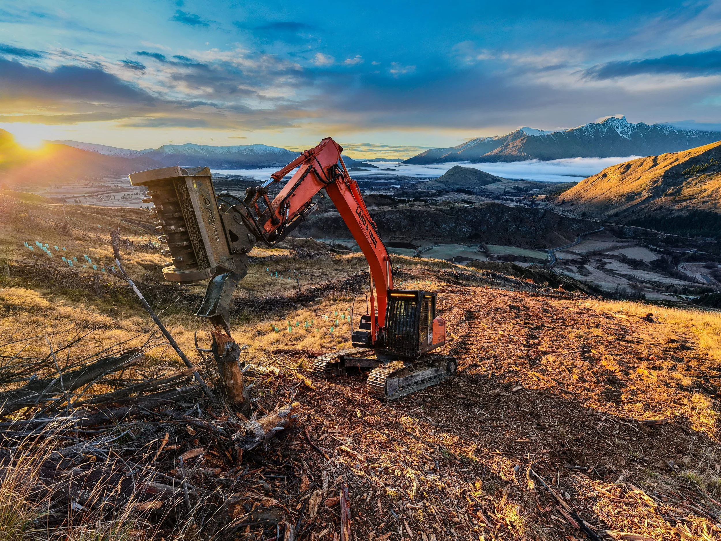 Mulching and land clearing in Queenstown, South Island New zealand, Land clearing, mulching, wilding pine control, steep hillside work, forestry slash mulching, forestry clean up