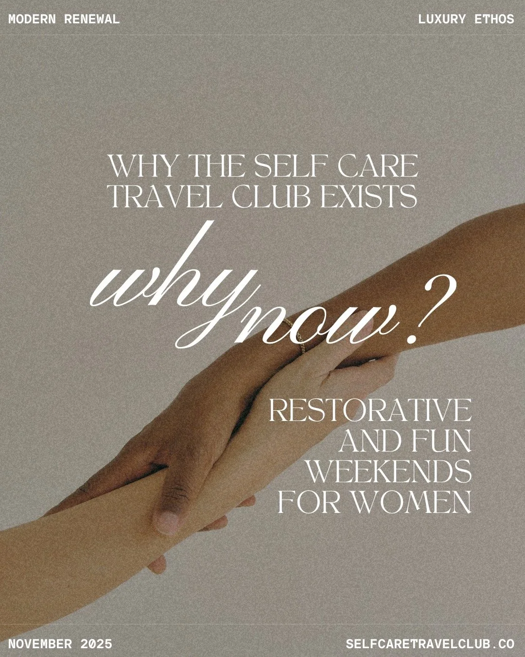 Why now?
Because women everywhere are carrying more than ever. 
The Self Care Travel Club&trade; exists to put more girls' weekends on women's calendar. Perfectly timed before the holiday rush to help women return home lighter, rested, and ready.

✨1