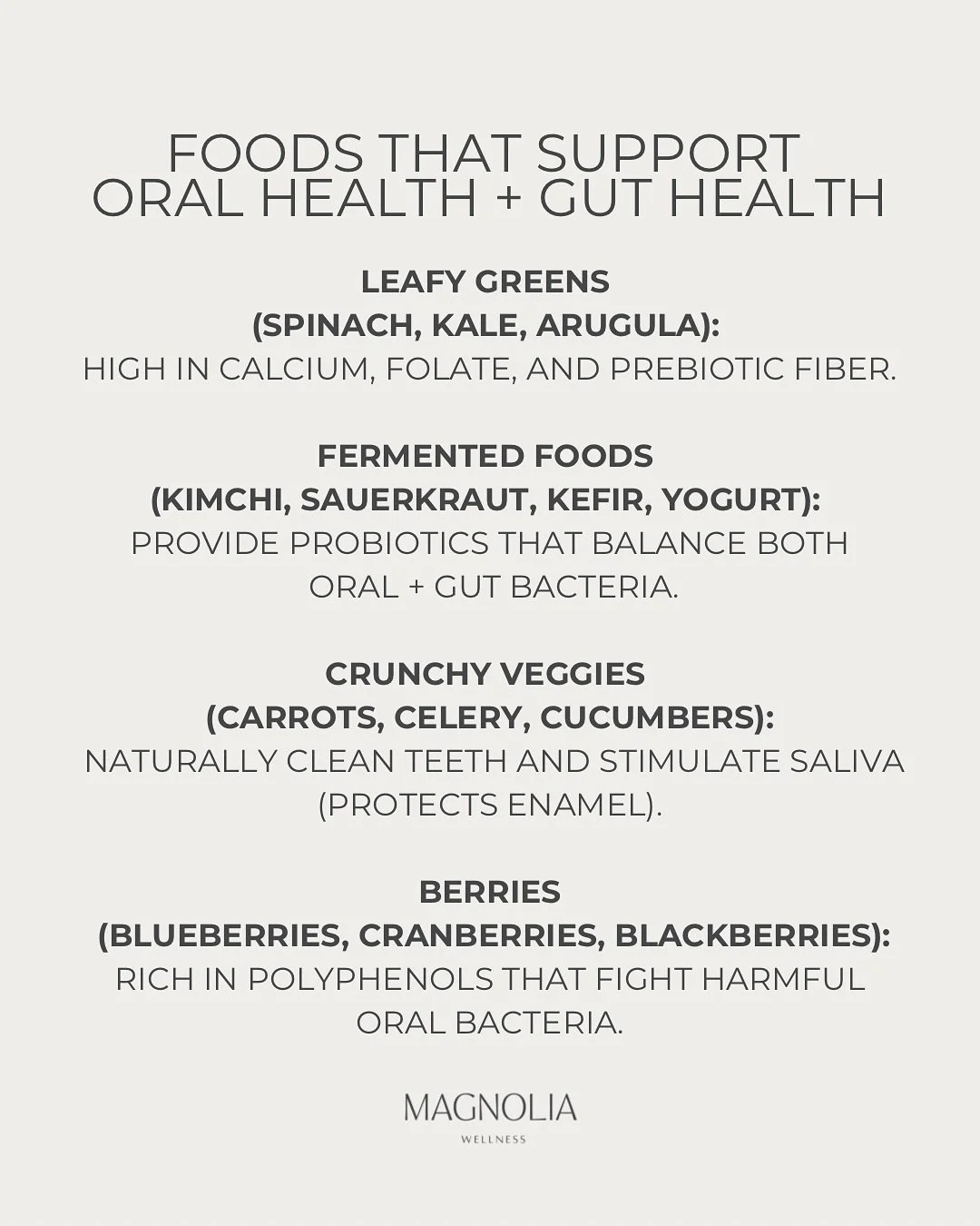Your gut and your mouth are more connected than you think 👄➡️🦠. 

The oral microbiome is the first stop of your gut, which means what you eat impacts both.

🫐 Berries fight harmful oral bacteria
🥬 Leafy greens strengthen enamel + feed good gut bu