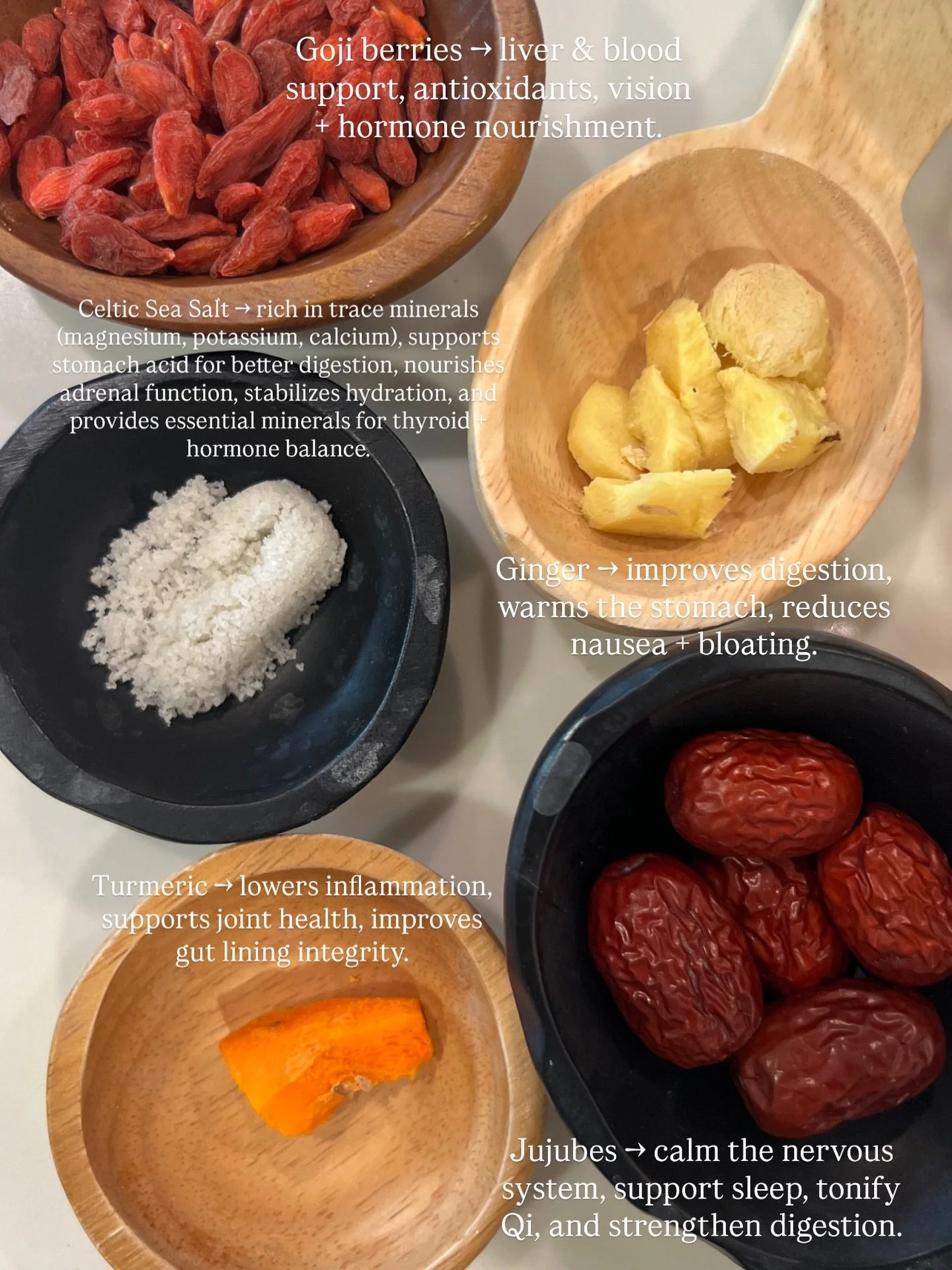 February = warm nourishment season.

This is what we&rsquo;re adding to our soups + broths right now @magnoliawellnessoc because food is medicine, especially in winter.

Goji berries &rarr; nourish liver + blood, support hormones
Jujubes &rarr; calm 