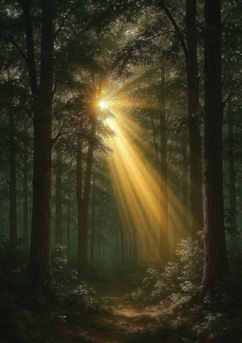 Golden sunlight shining through the trees in a forest lighting the way. A visual representation of the Light Affirmation from my AI assistant, Pearl.