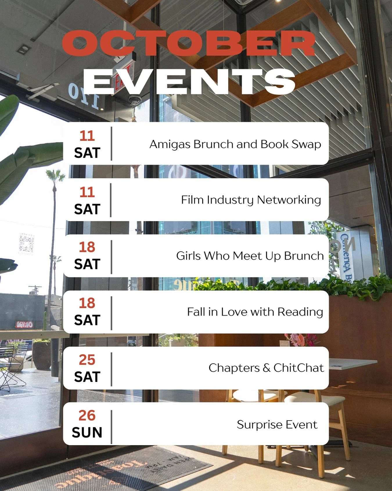 Fall is here, and so are new events at Toastique on Sunset. Join us this October for good vibes, great food, and the best company. 🍁🍂🧡📚☕️