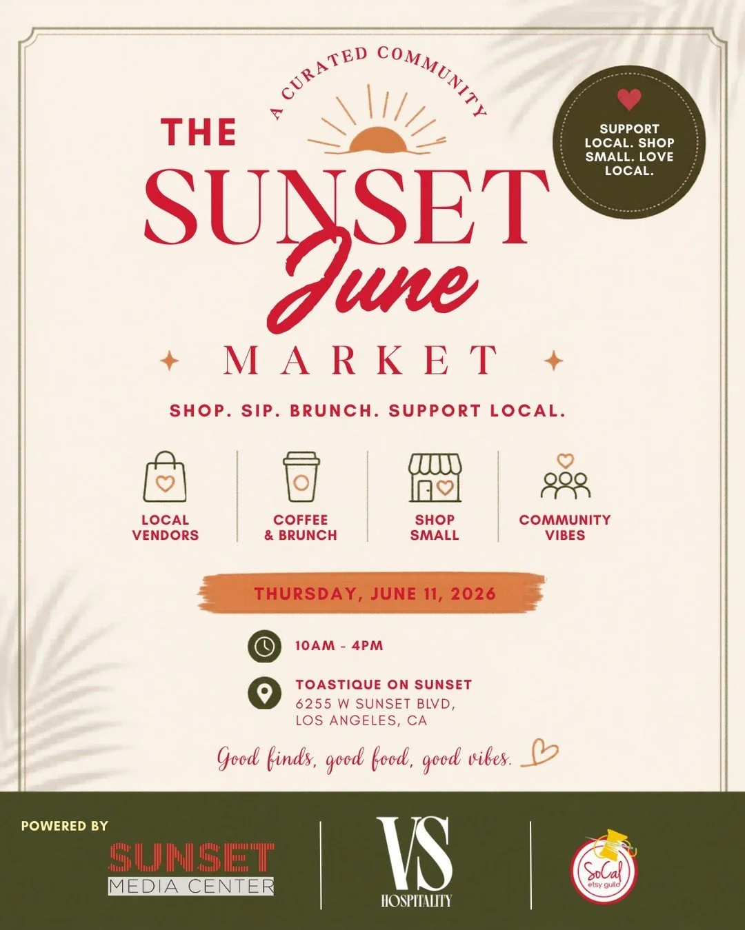 Join us for the Sunset June Market ☀️🤍
A curated community experience filled with local vendors, coffee, brunch, shopping, and good vibes.

📍 Toastique on Sunset
🗓 Thursday, June 11, 2026
⏰ 10AM&ndash;4PM

Shop small. Support local.
@socaletsyguil