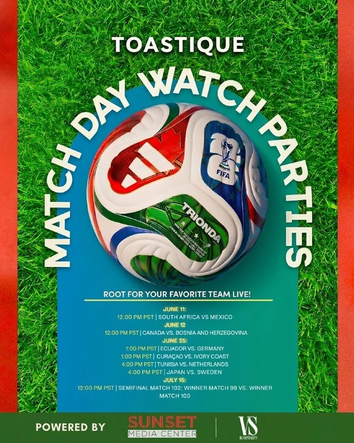 Your match day just got a whole lot better. 🎉⚽ Toastique is hosting live FIFA World Cup Watch Parties and you're invited! Bring your crew, wear your colors, and let's celebrate the beautiful game together! 🌍✨

📅 June 11 | 🕐 12:00 PM PST | 🇿🇦 So