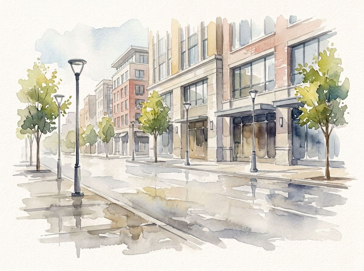 Watercolor illustration of a city street with trees, lampposts, and modern buildings on a rainy day.