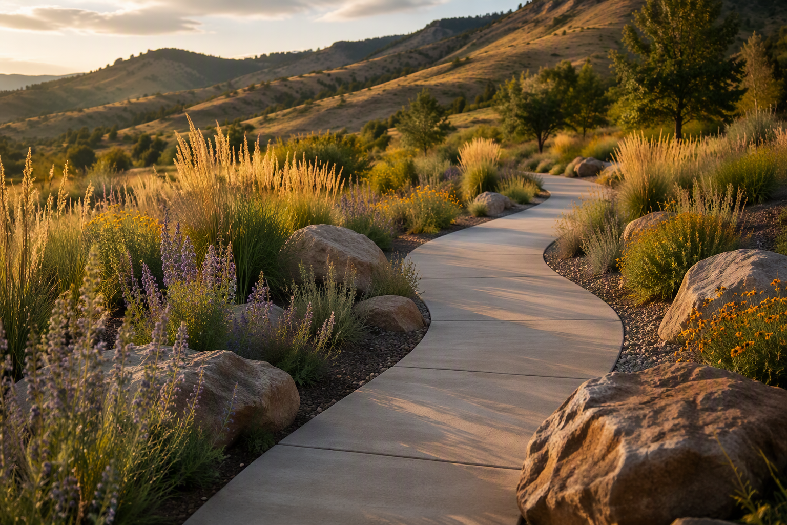 A winding concrete pathway through a landscaped garden with desert plants and rocks, with hills and trees in the background at sunset.