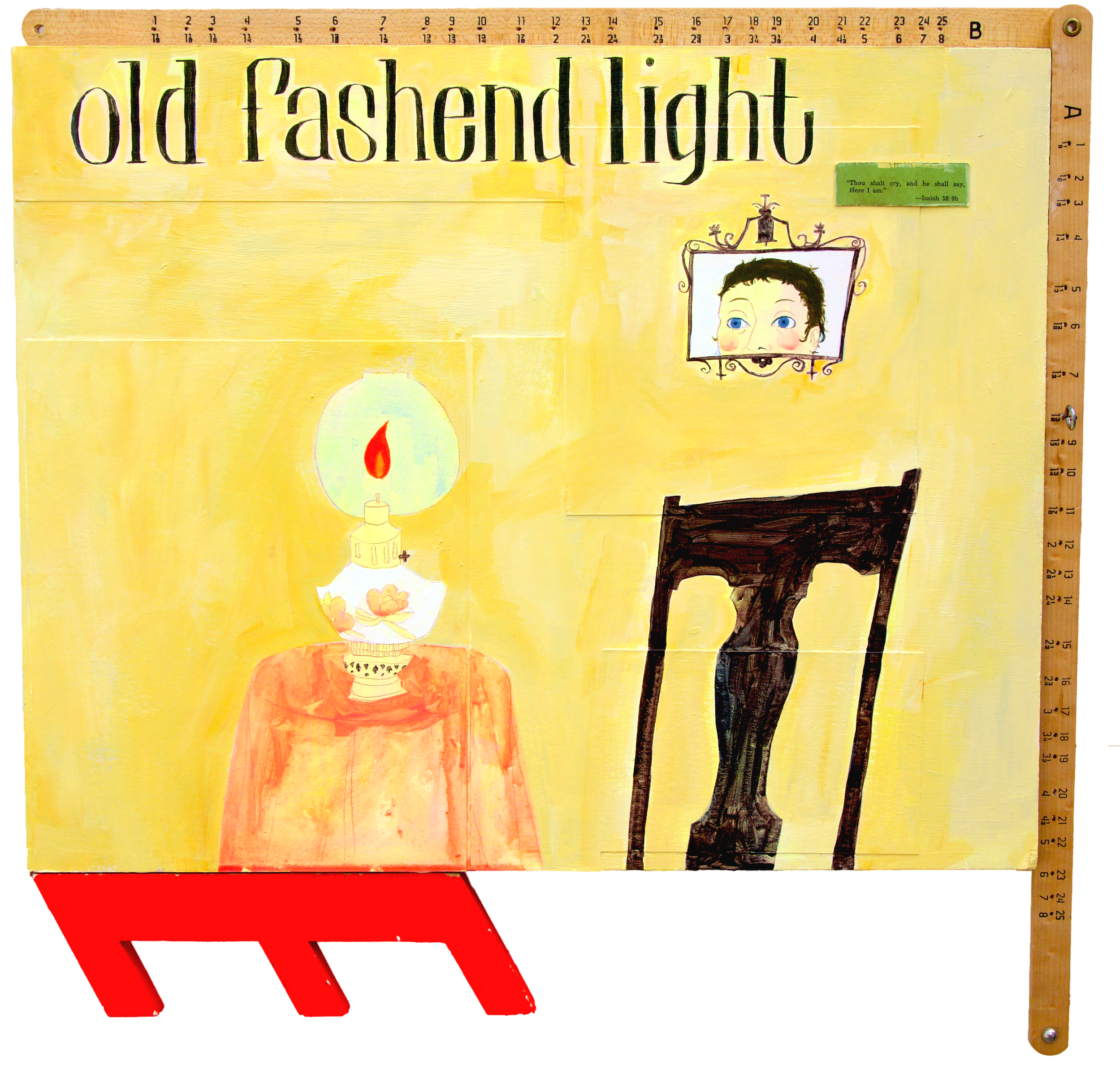 “Old Fashend Light (My Mom Drew This Before I Could, But Here We Are)” Acrylic and colored pencil on paper and panel with wood accoutrements 16 x 20in, 2025 (NFS)