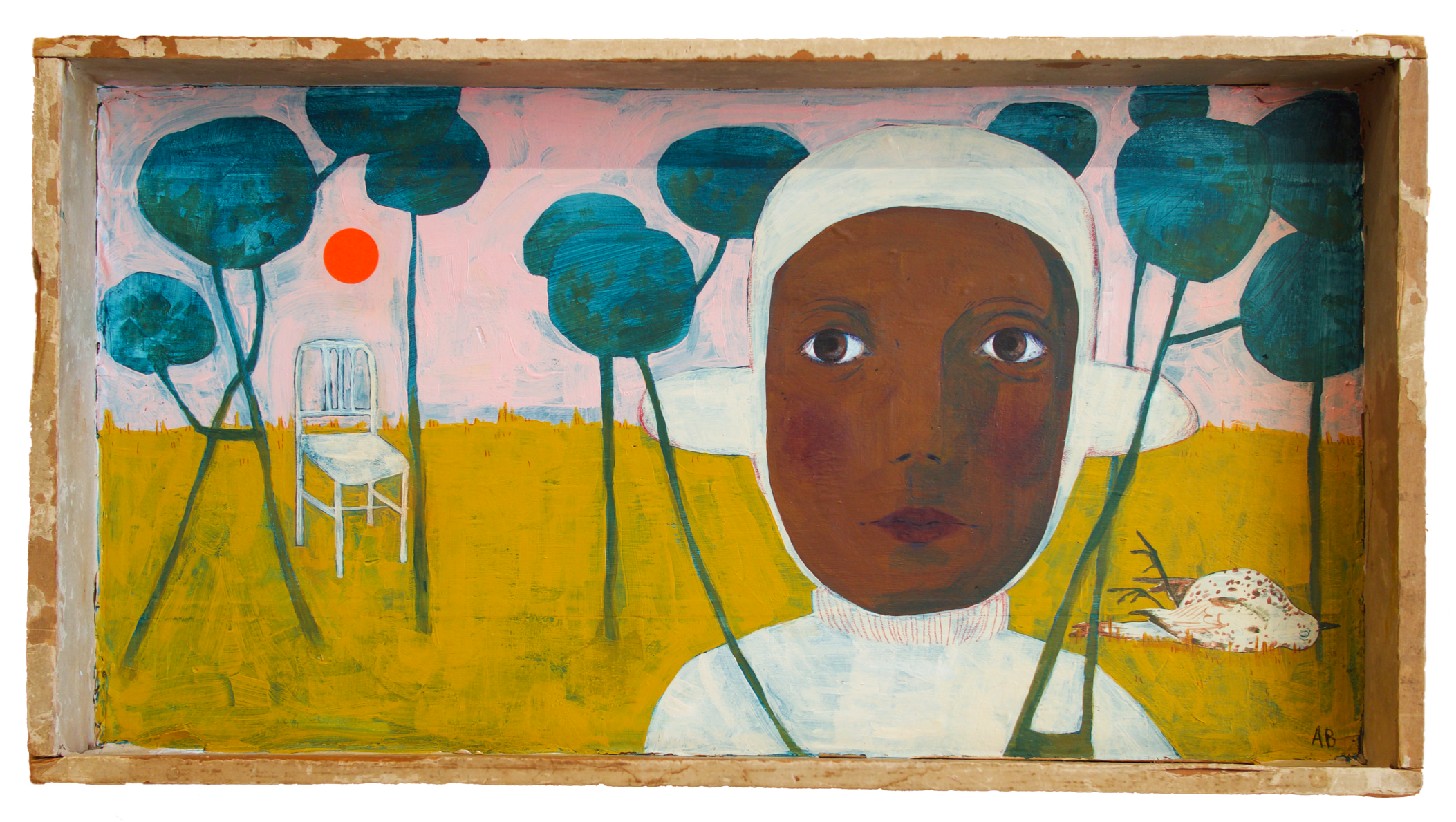 "Conare is Not to Kill Birds (This is Just One of His Nine Geasa)"
Acrylic and colored pencil on paper-covered wooden tray
9.5 x 17.5 x 2in, 2025 NFS