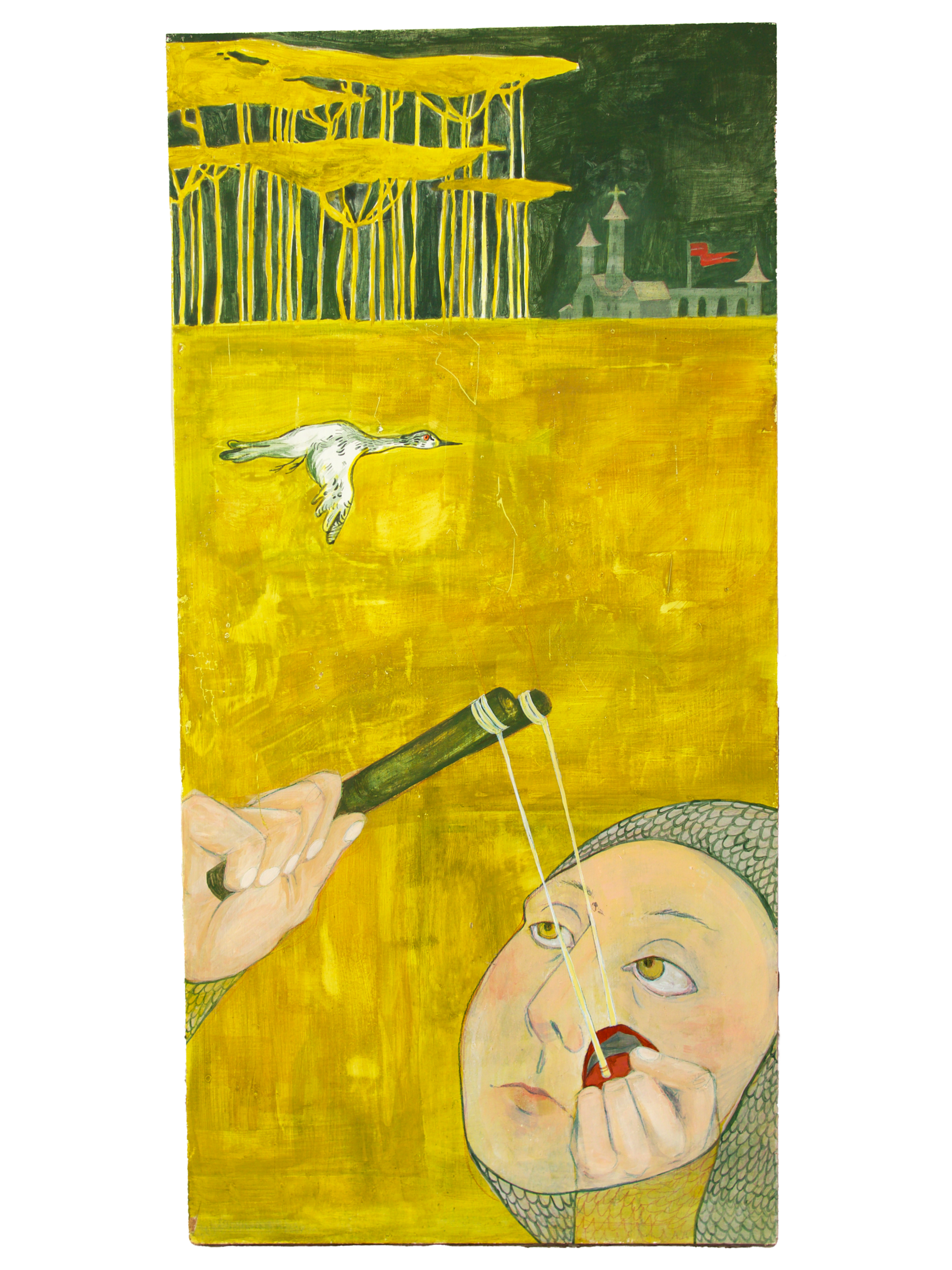 “To Throw a Stone at One’s Own (By Reason of Birth” acrylic + egg tempera + colored pencil on panel 20x10in, $780