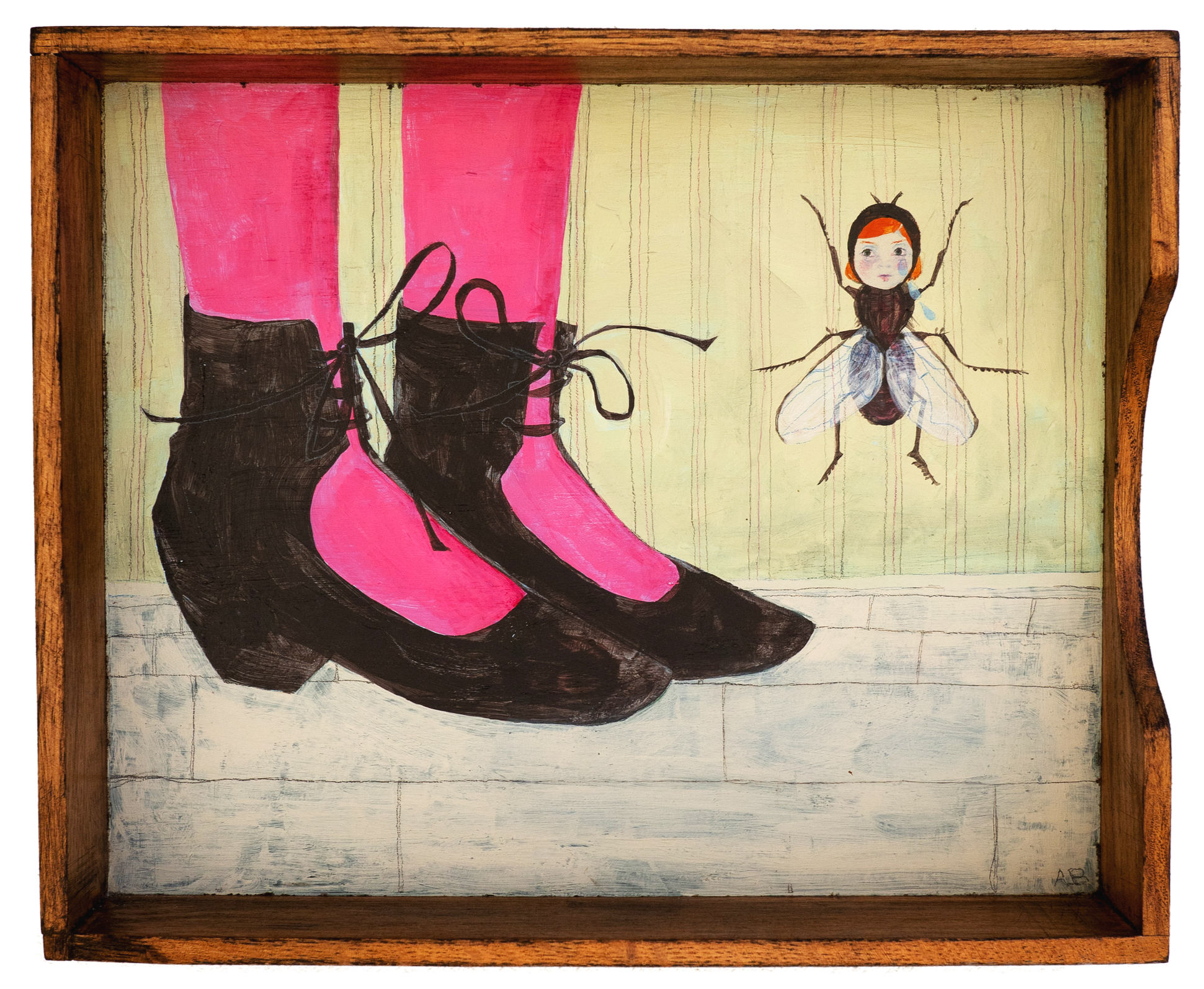 "Étaín is a Beautiful Scarlet Fly (To Fuamnach’s Dismay)"
Acrylic and colored pencil on a wooden letter tray, 10.5 x 12.5 x 2.5 in, 2025
