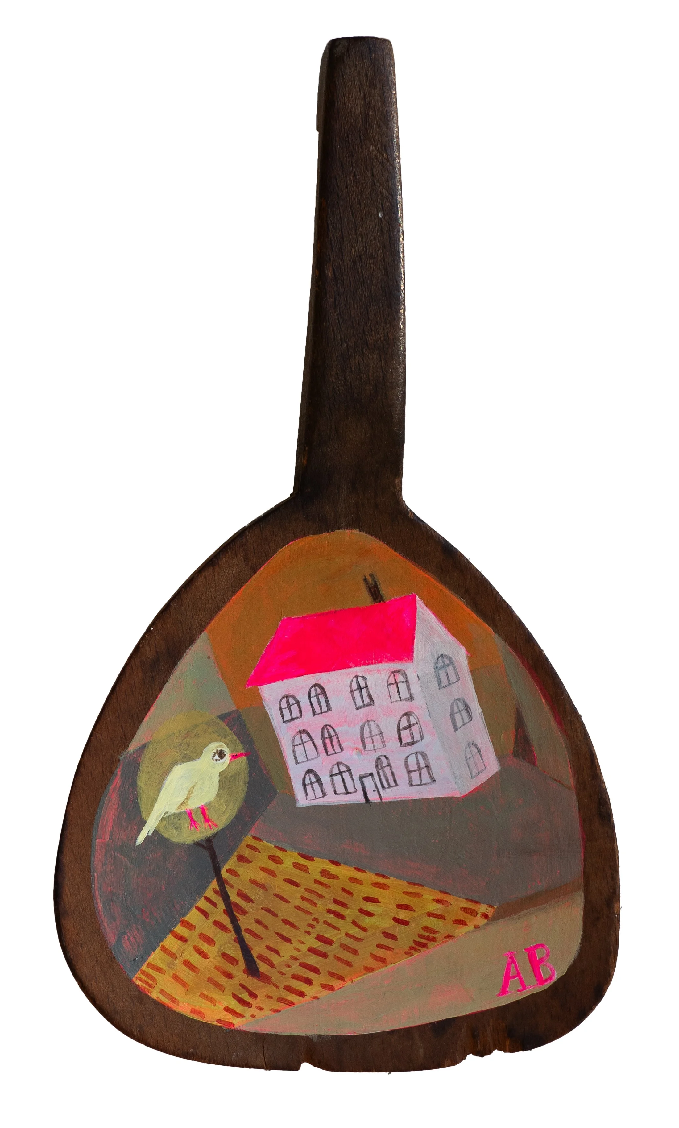 “Telling the Birds in the Morning, You Should’ve Heeded Their Warning” acrylic on wooden spatula, 8.5 x 4.75in, 2026