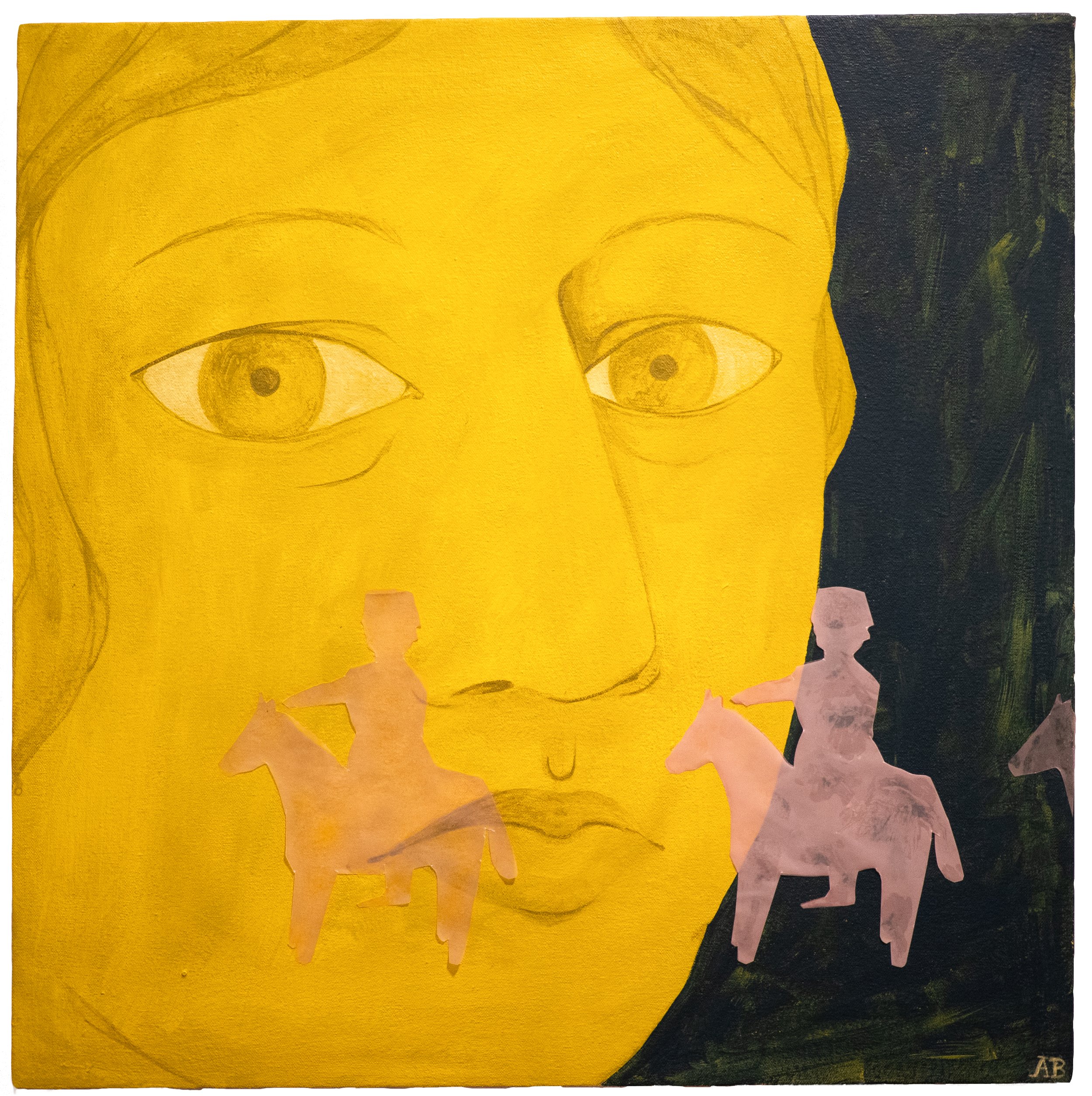 “Every Thing Raises a Horse to Its Mouth When I Do” acrylic and vellum on canvas, 20 x 20in, 2026 $1175