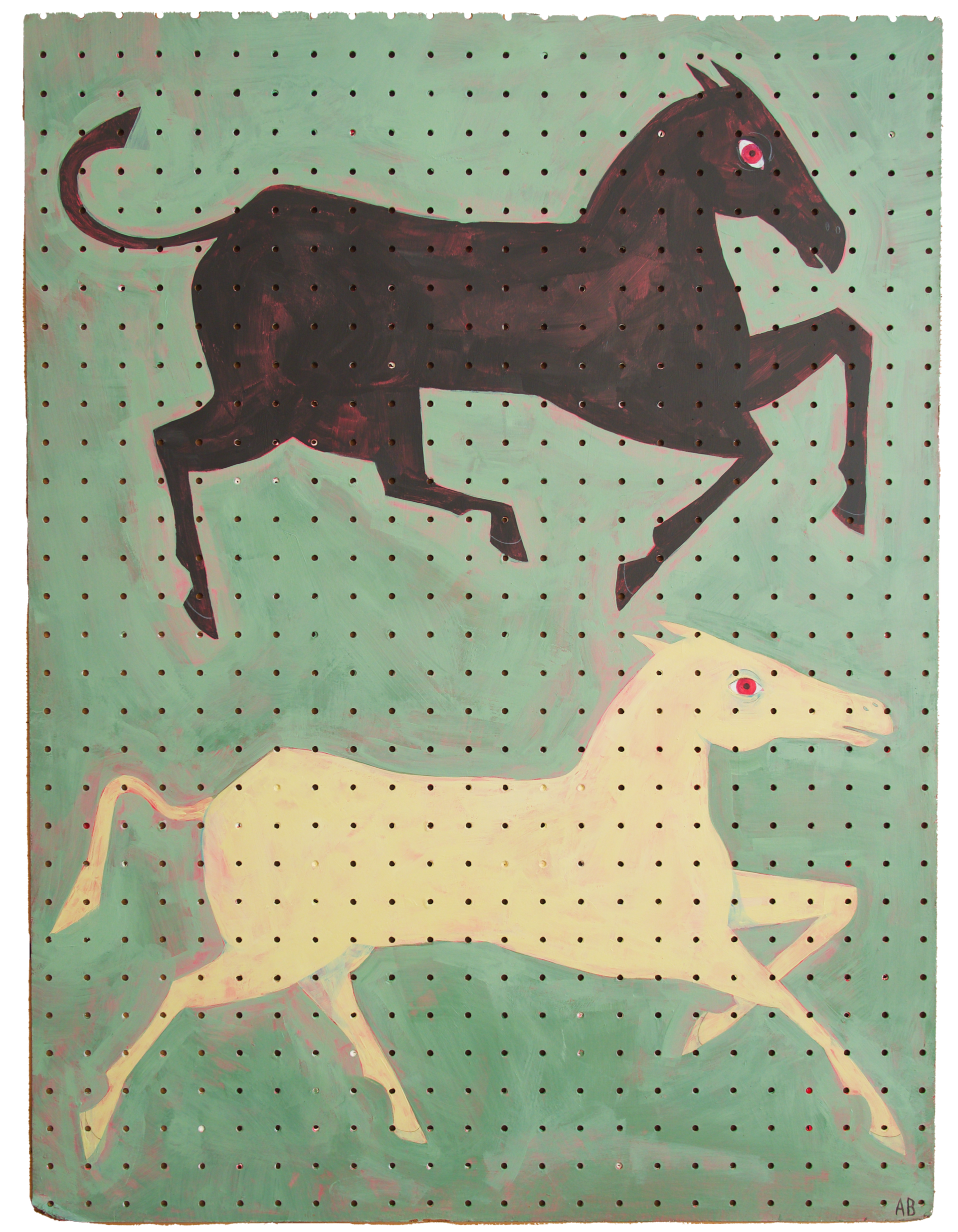 "The King’s Horse Races Macha, But What For?"
Acrylic and colored pencil on hardboard pegboard, 31.5 x 24in, 2025 NFS
