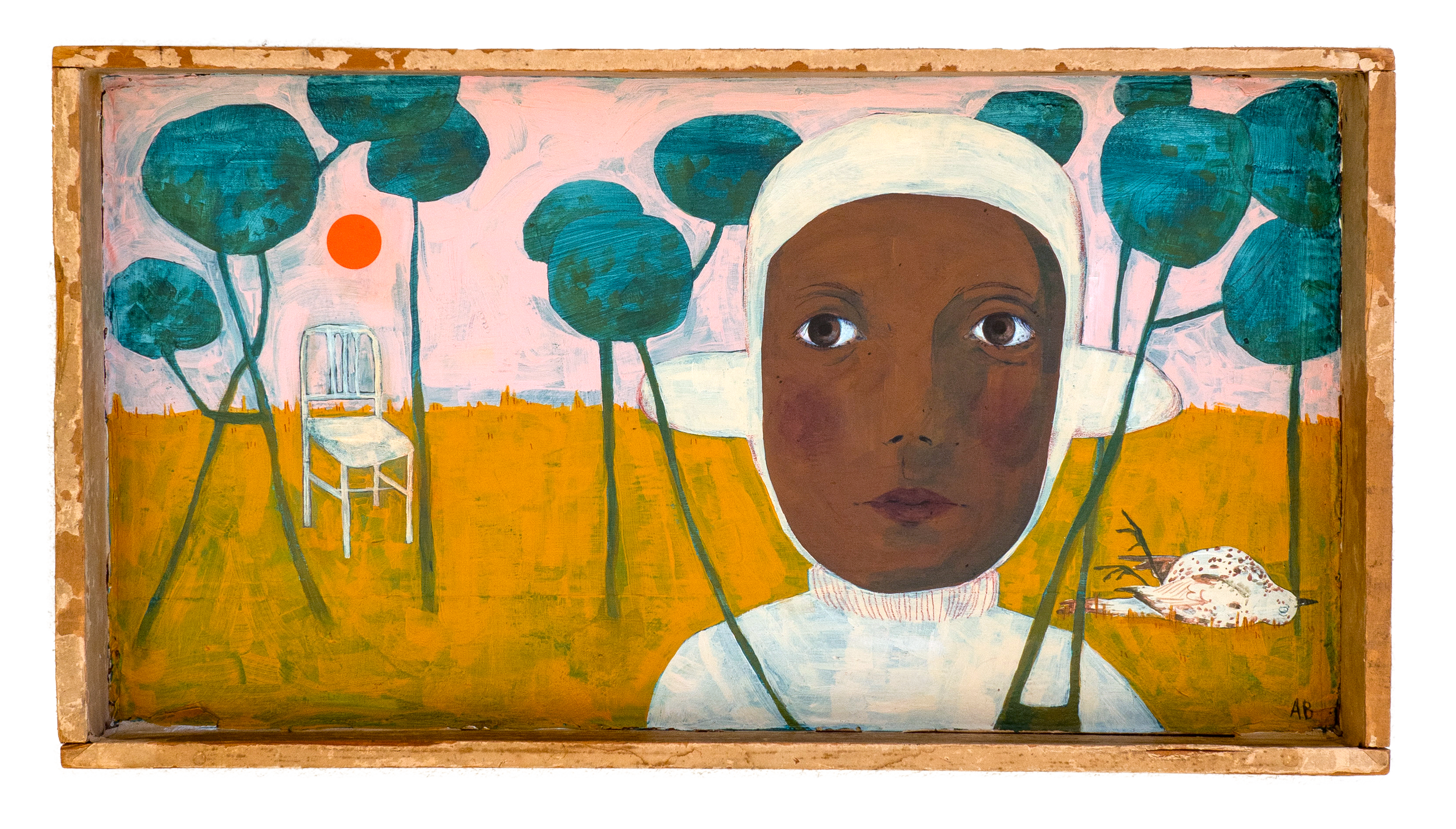 "Conare is Not to Kill Birds (This is Just One of His Nine Geasa)"
Acrylic and colored pencil on paper-covered wooden tray
9.5 x 17.5 x 2in, 2025, $1750