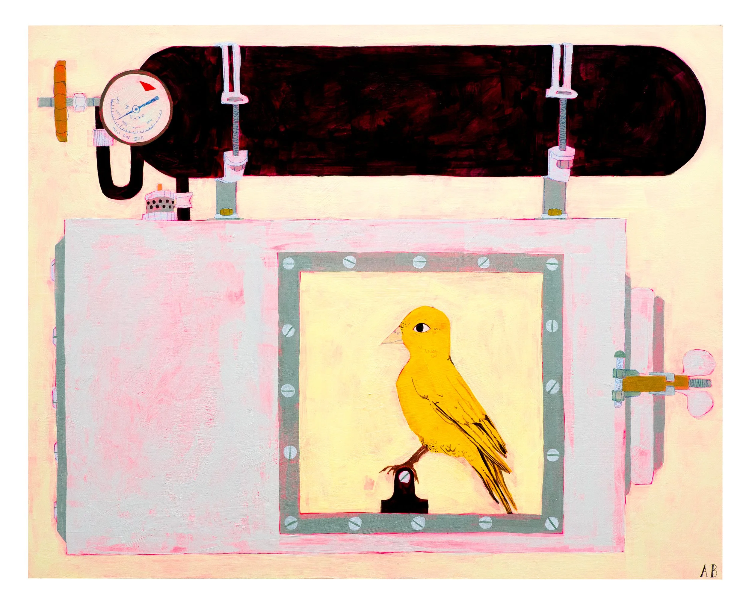 "A  Bit of Mercy For the Canary that Cannot Finish Its Song" Acrylic and colored pencil on wood panel, 16 x 20in, 2026