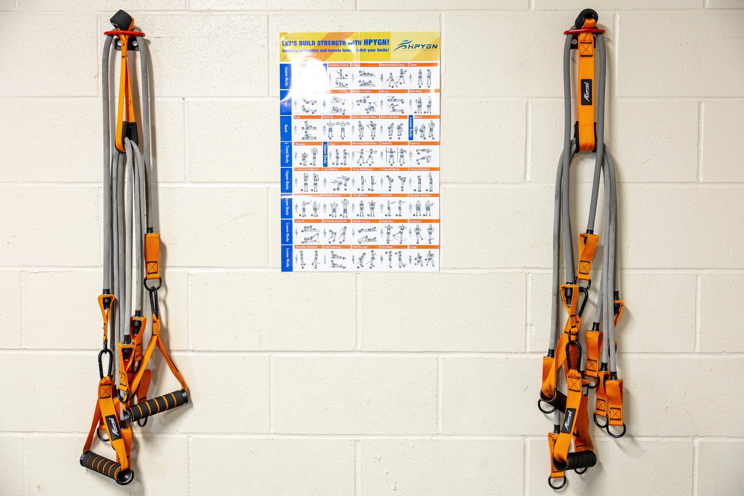 Resistance bands hanging on a wall next to an exercise instruction poster.