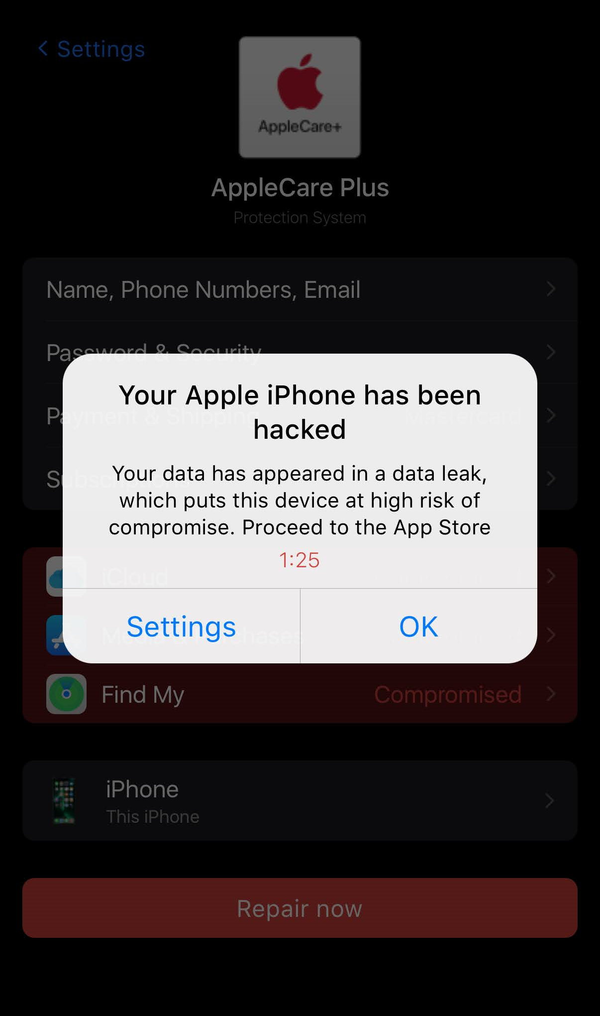 Warning message on an iPhone screen stating 'Your Apple iPhone has been hacked,' with options to click 'Settings' or 'OK', and a countdown timer of 1 minute and 25 seconds.