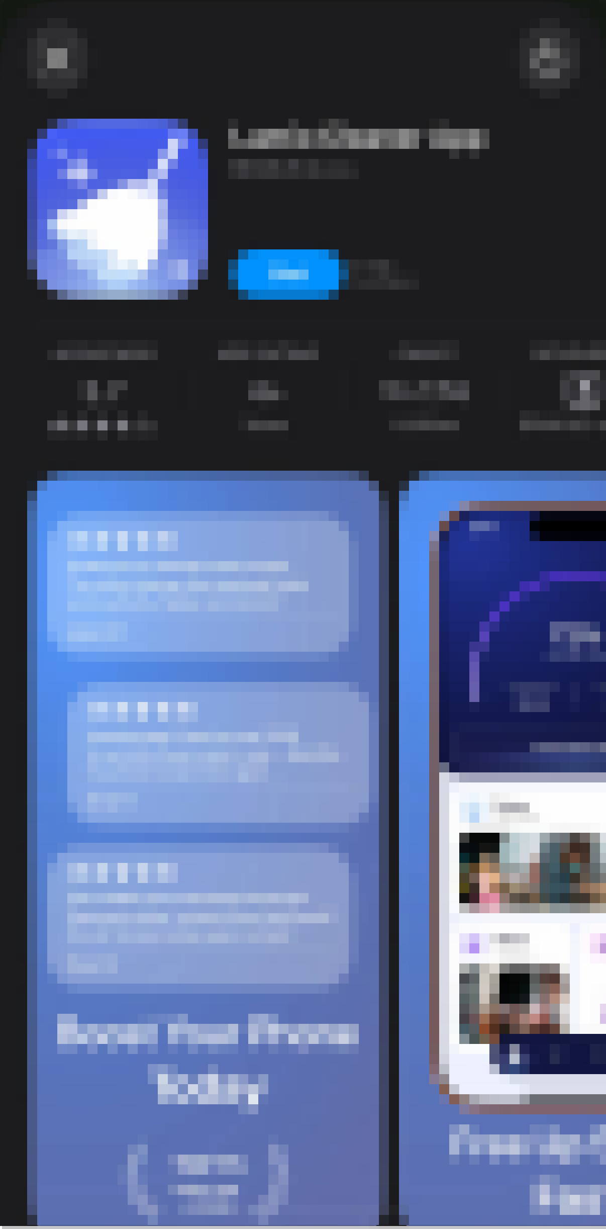 Screenshot of a mobile app store page for an app, showing the app's name, developer, and a blue 'Get' button, with app details and reviews below.
