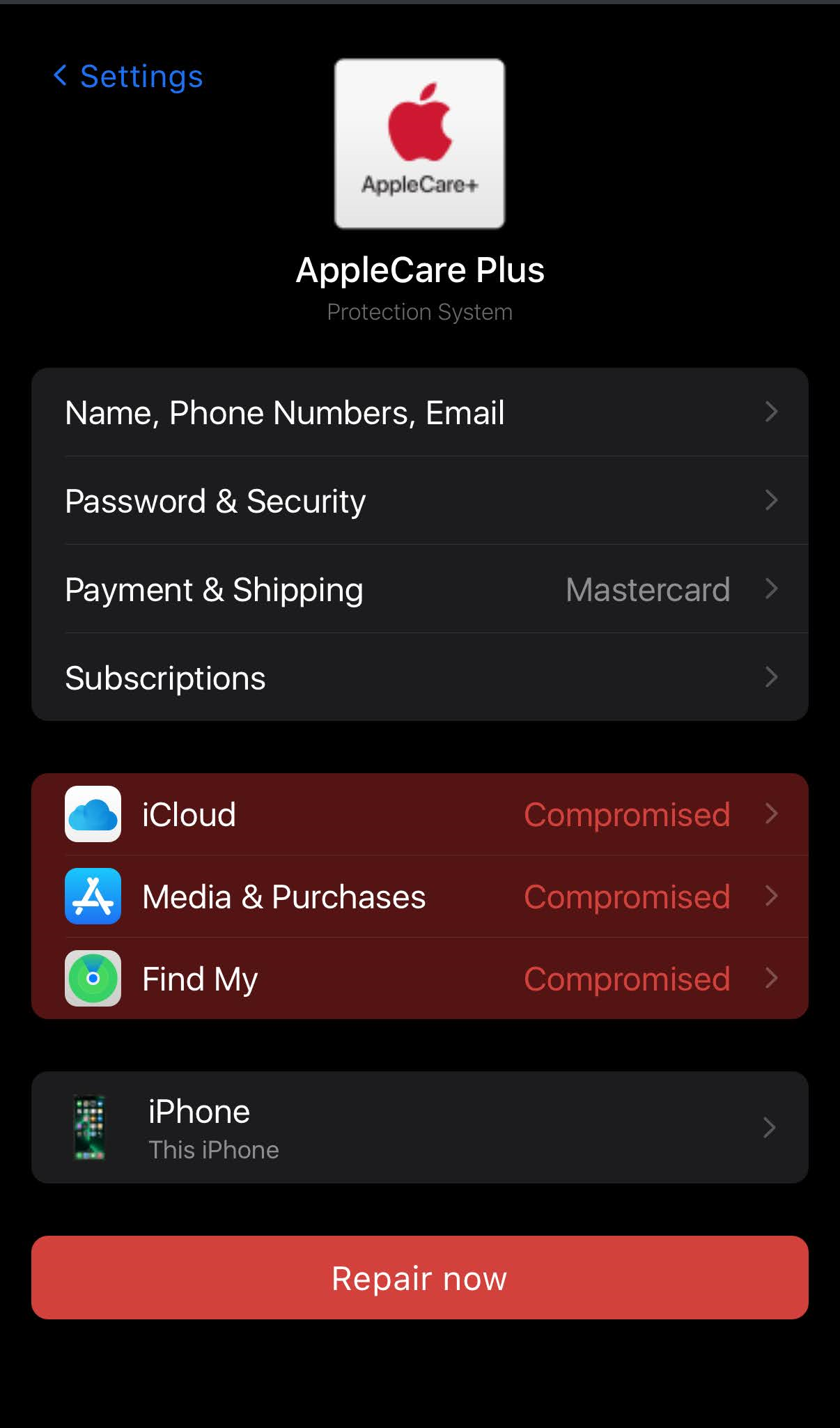Screenshot of an iPhone settings page showing AppleCare Plus subscription details, with a list of apps and services marked as compromised in red, including iCloud, Media & Purchases, and Find My, and an option to repair now.