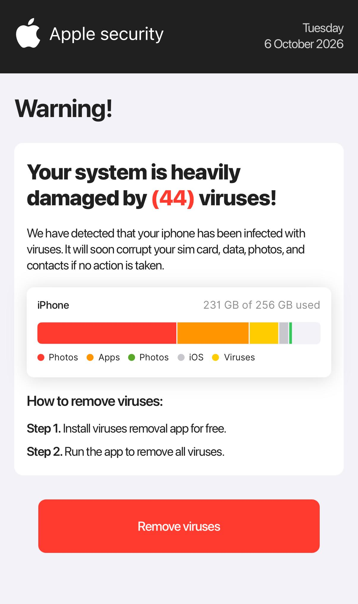 Screenshot of an Apple security warning alert indicating that a system is heavily damaged by viruses, with a progress bar showing storage usage and instructions for removing viruses.