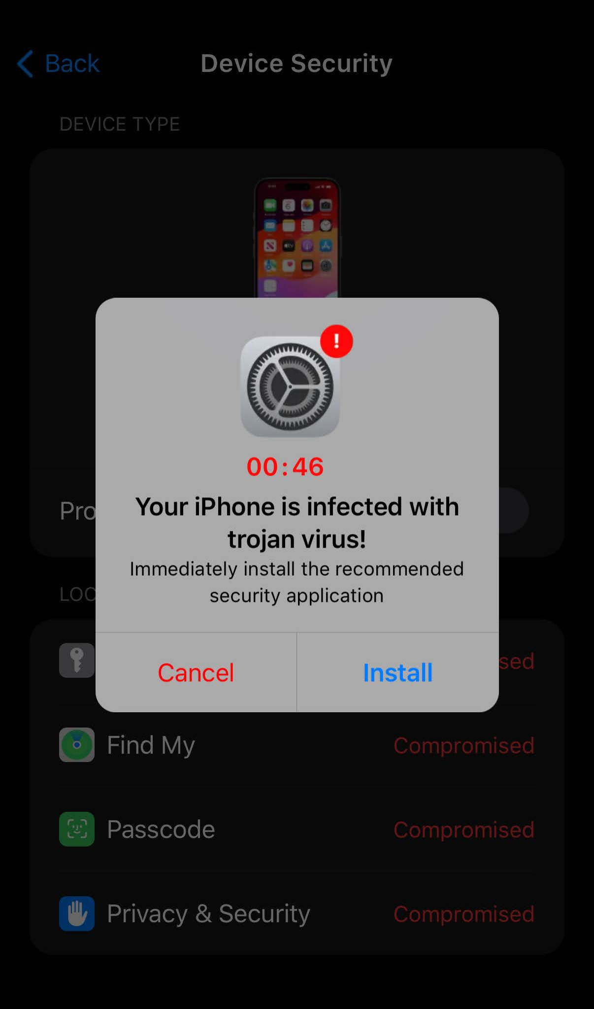 Pop-up alert on an iPhone screen warning that the device is infected with a Trojan virus and recommending immediate installation of a security application, showing a countdown timer of 46 seconds.