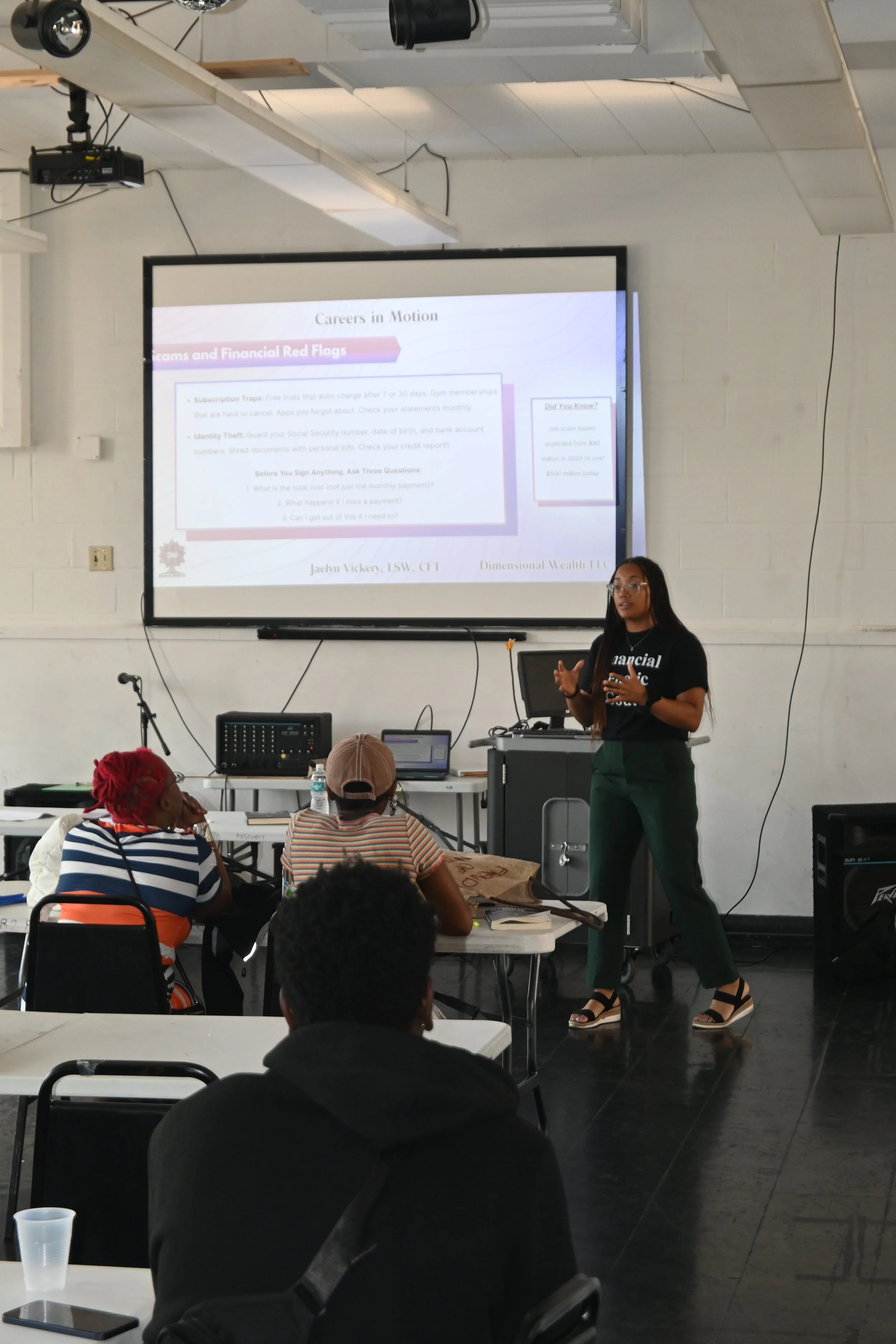  Spotting red flags before they happen! Jaelyn Vickery, LSW, CFT presenting on "Scams and Financial Red Flags" as part of the Dimensional Wealth Financial Literacy and Wellness Summer Program in partnership with Cunningham Township's Careers in Motio