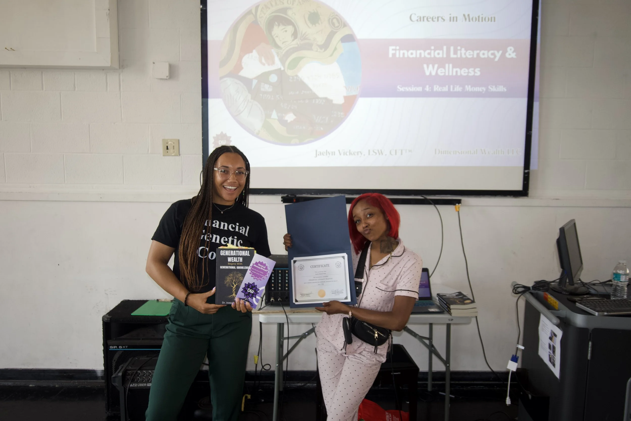  Celebrating success and empowerment! Jaelyn Vickery, LSW, CFT presenting a completion certificate and resources to a participant at the Dimensional Wealth Financial Literacy &amp; Wellness Summer Program in partnership with Cunningham Township's Car