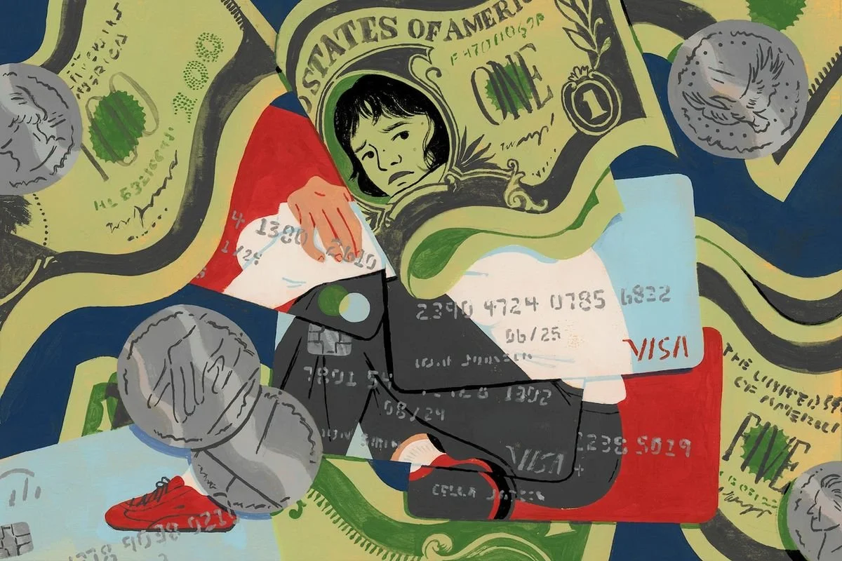 Editorial art of a person trapped by large currency and Visa credit cards, depicting the heavy mental burden of financial struggle and debt.