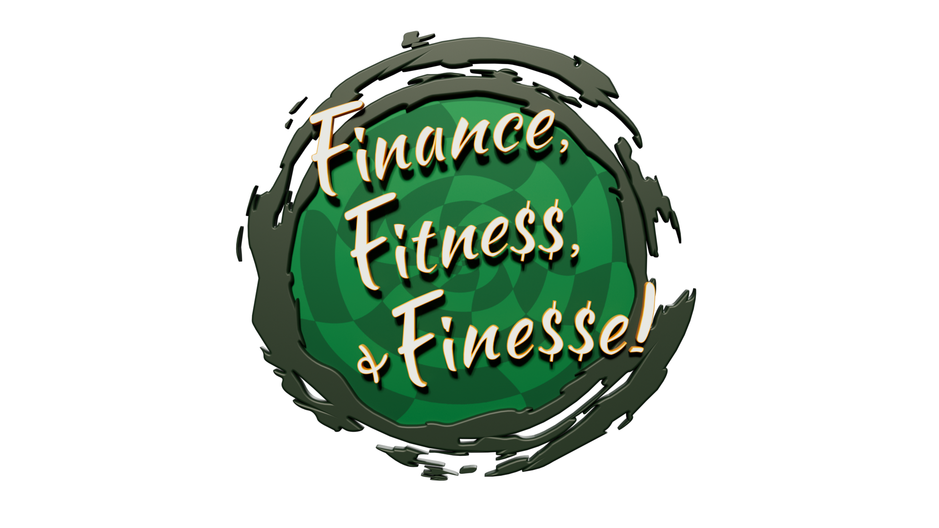 Finance, Fitness & Finesse (F3) podcast logo featuring gold script lettering over a green geometric background with a bold black circular brushstroke design representing financial wellness, fitness, money mindset, and intentional living.