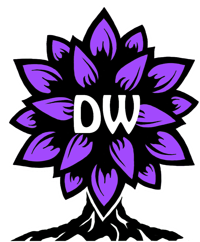 A stylized tree with purple leaves and black outlining, with the initials 'DW' in white in the center.