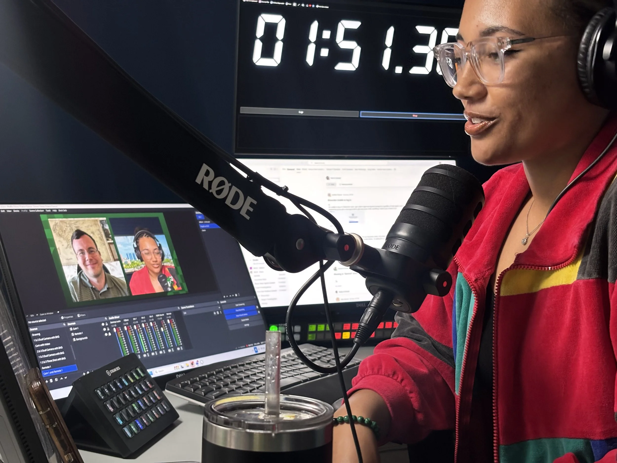 A production view of a monitor displaying an OBS Studio multi-camera switcher layout for the Finance Fitness Finesse (F3) podcast, showing a grid of video feeds featuring host JaeVic and guest Nate Astle alongside an F3 Studio Stream Deck.