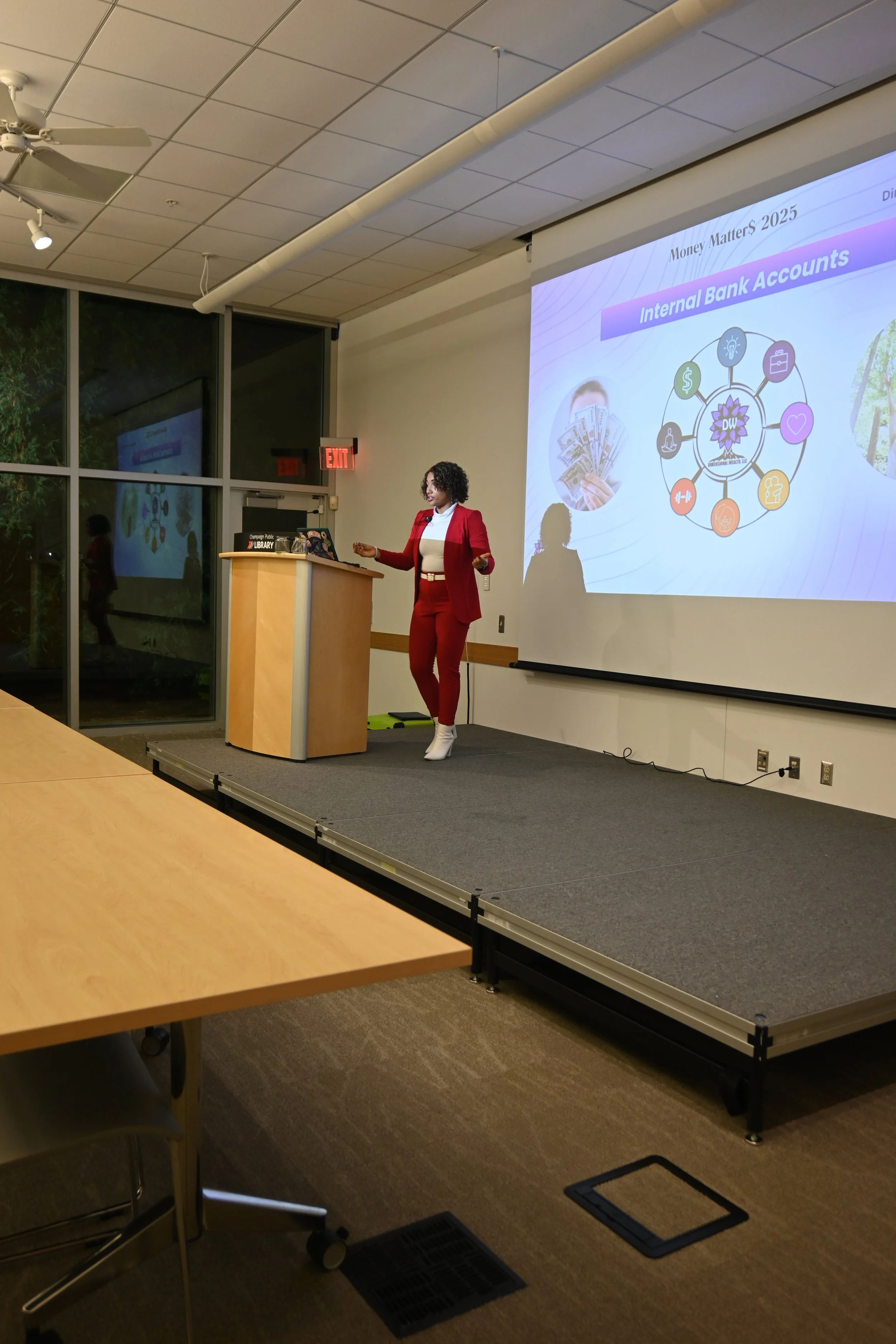 Financial literacy workshop by JaeVic at Champaign Public Library on wealth building, internal bank accounts, budgeting, saving, and personal finance strategies