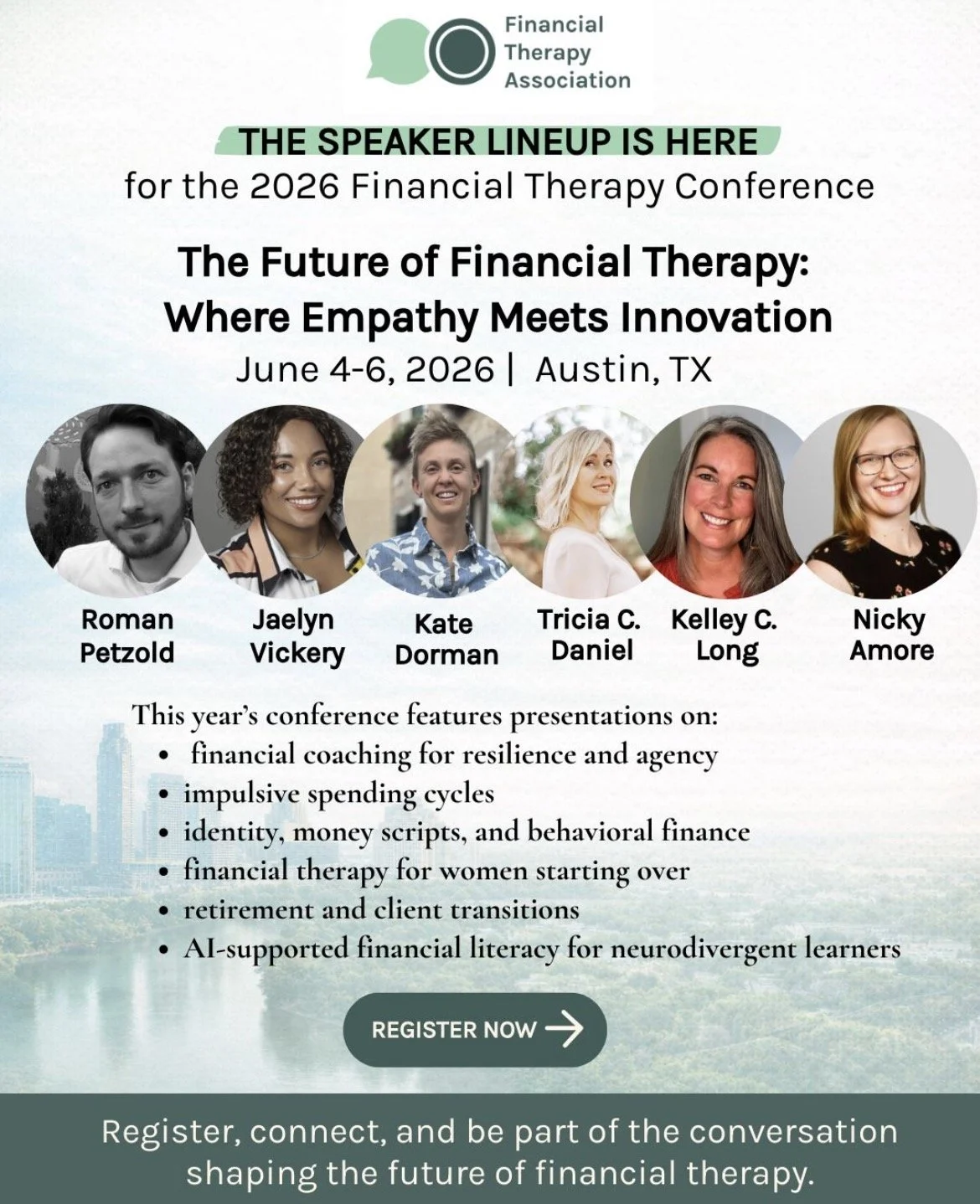A promotional flyer for the 2026 Financial Therapy Conference titled "Where Empathy Meets Innovation." The graphic features headshots of six speakers including Jaelyn Vickery and others.