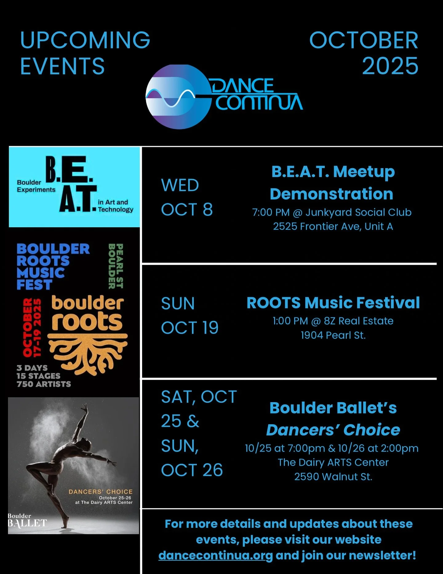 Dance Continua Productions is stoked to share our event lineup for this month!

🌀First up, the B.E.A.T. Meet-up Event will be a collaborative gathering of artists and technologists at Junkyard Social Club. Join us for a show-and-tell demonstration o
