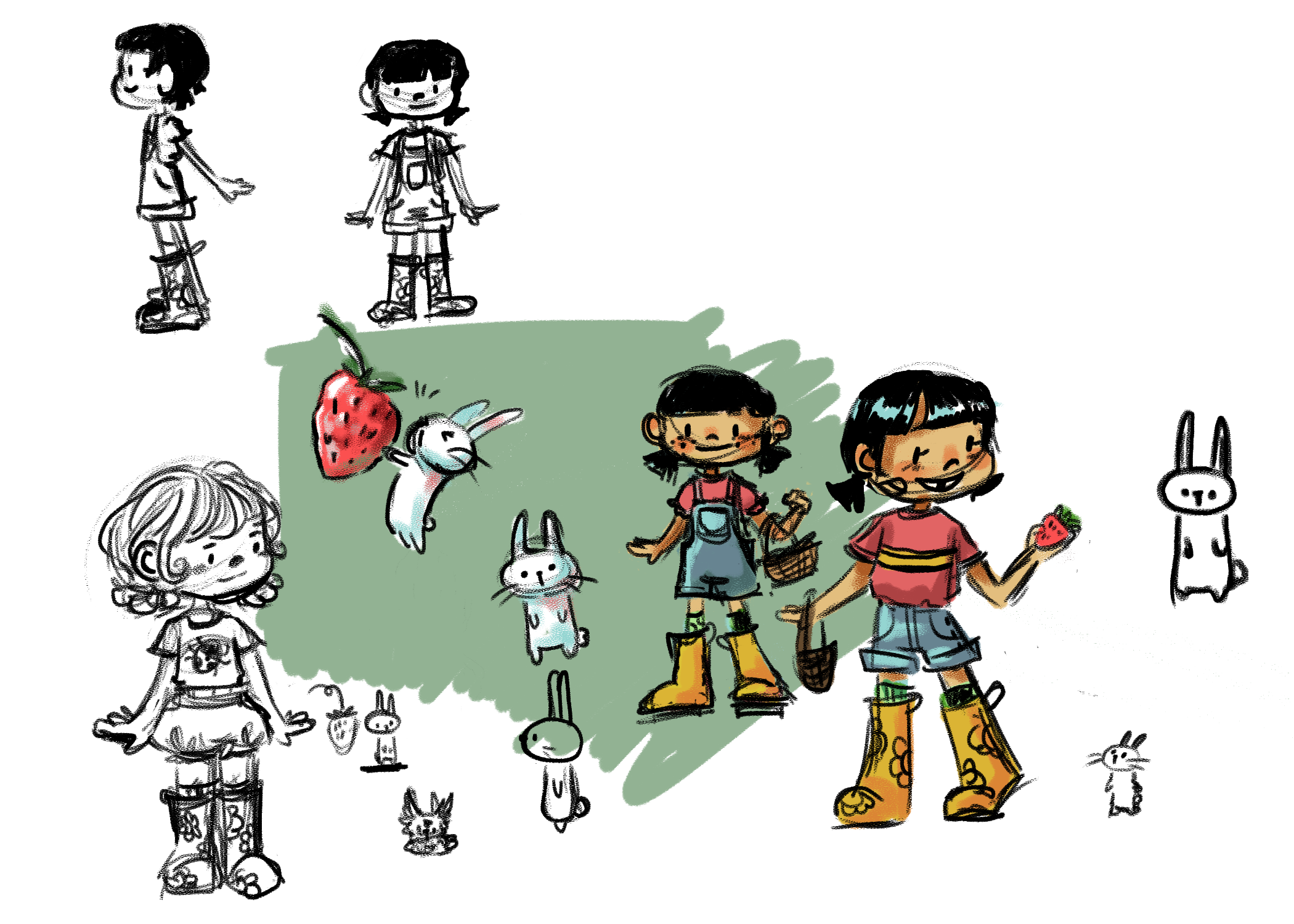 A colorful illustration of children and animals, including girls, a rabbit, a cat, and a pig, with some characters in black and white sketches and others colored, around a green patch of grass.