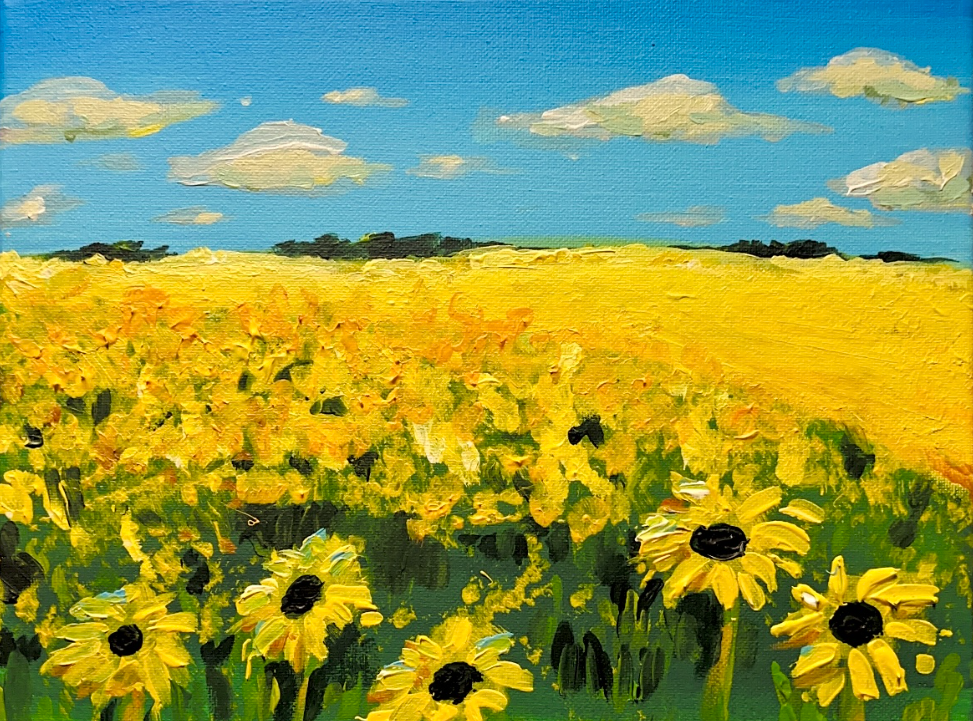 Oil painting of a yellow sunflower field under a blue sky with white clouds.