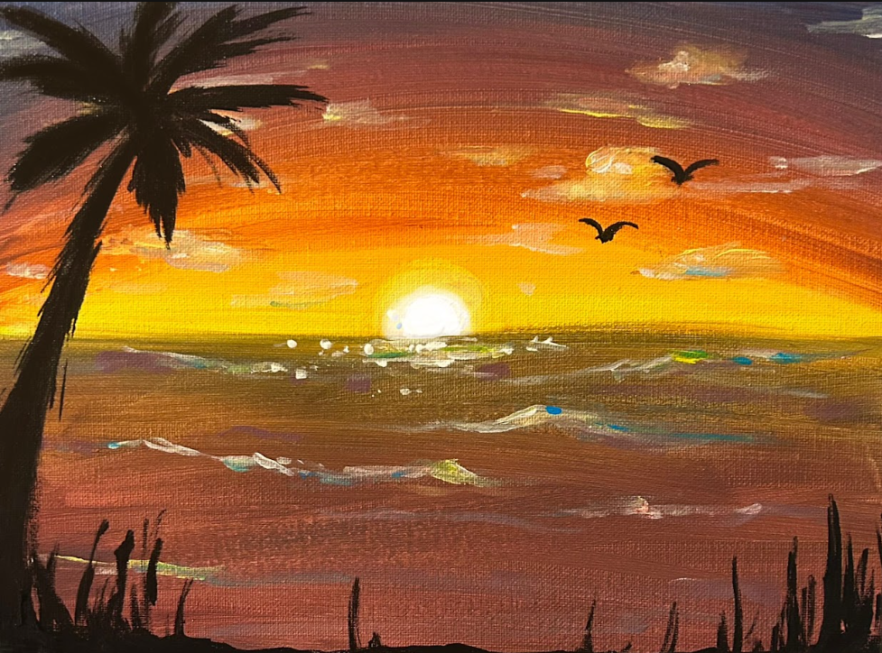 Painting of a sunset over the ocean with an orange and yellow sky, a palm tree on the left, three birds flying, and waves on the water.