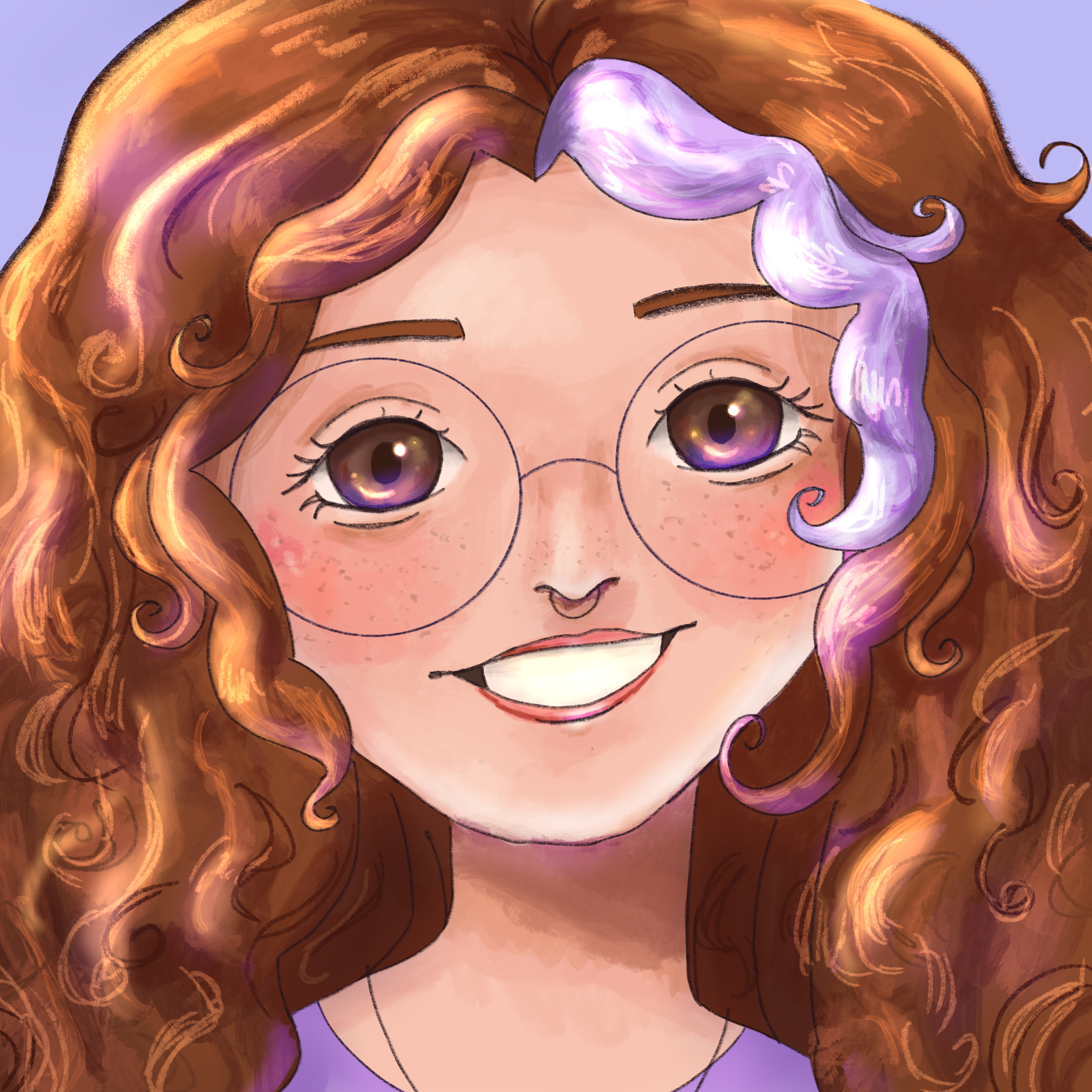 A close-up drawing of a person with curly red hair, large purple eyes, glasses, and wearing a purple top.