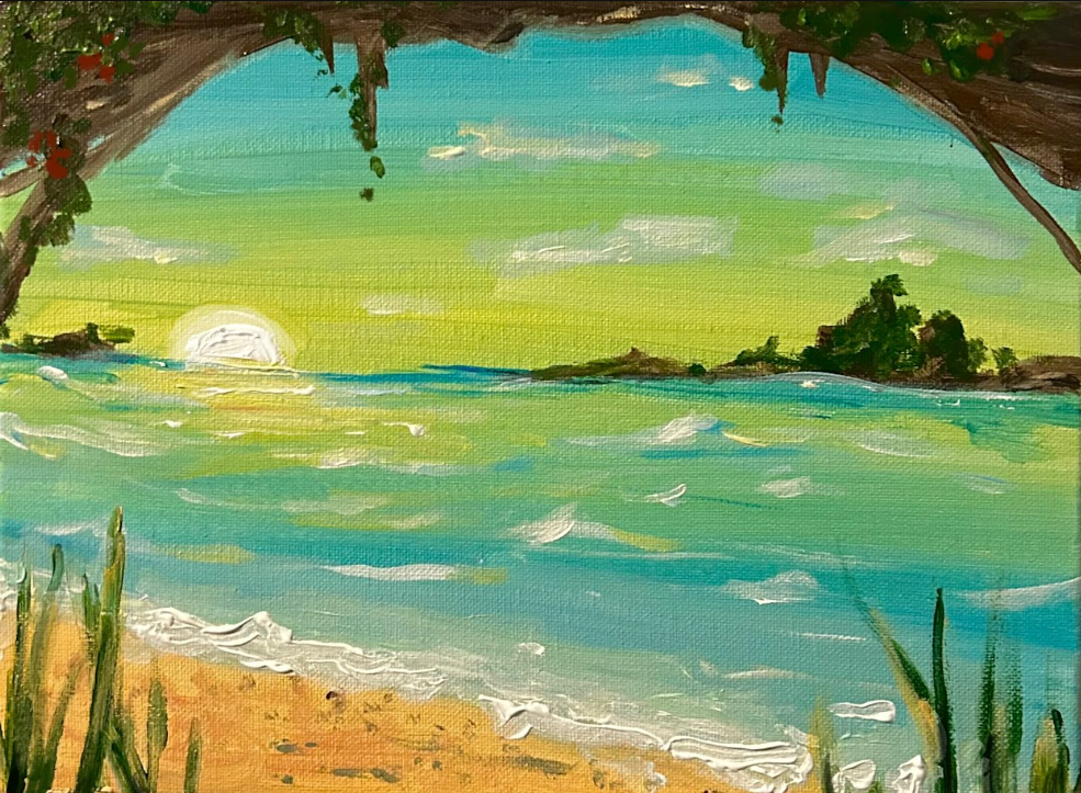A painting of a beach scene with a setting sun, ocean waves, sandy shore, green vegetation, and an arching tree branch overhead.