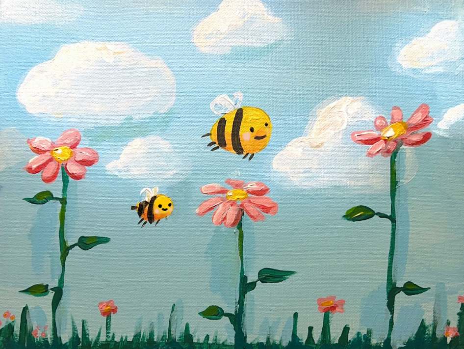 A colorful painting of a sky with fluffy clouds, pink flowers with yellow centers, and cartoon bees flying among the flowers.