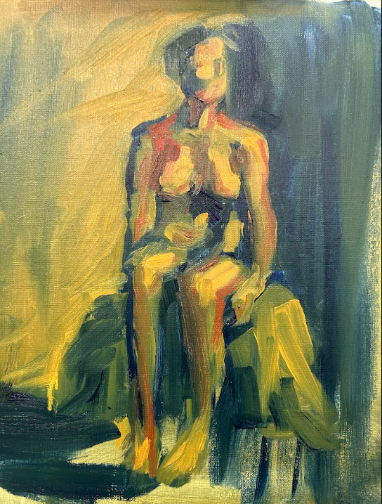 An abstract oil painting of a nude woman sitting on a stool against a multicolored background.