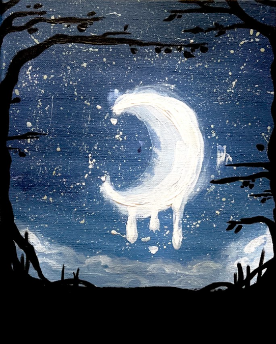 A painting of a crescent moon with drippy paint effects, set against a night sky with stars, surrounded by silhouettes of leafless trees.
