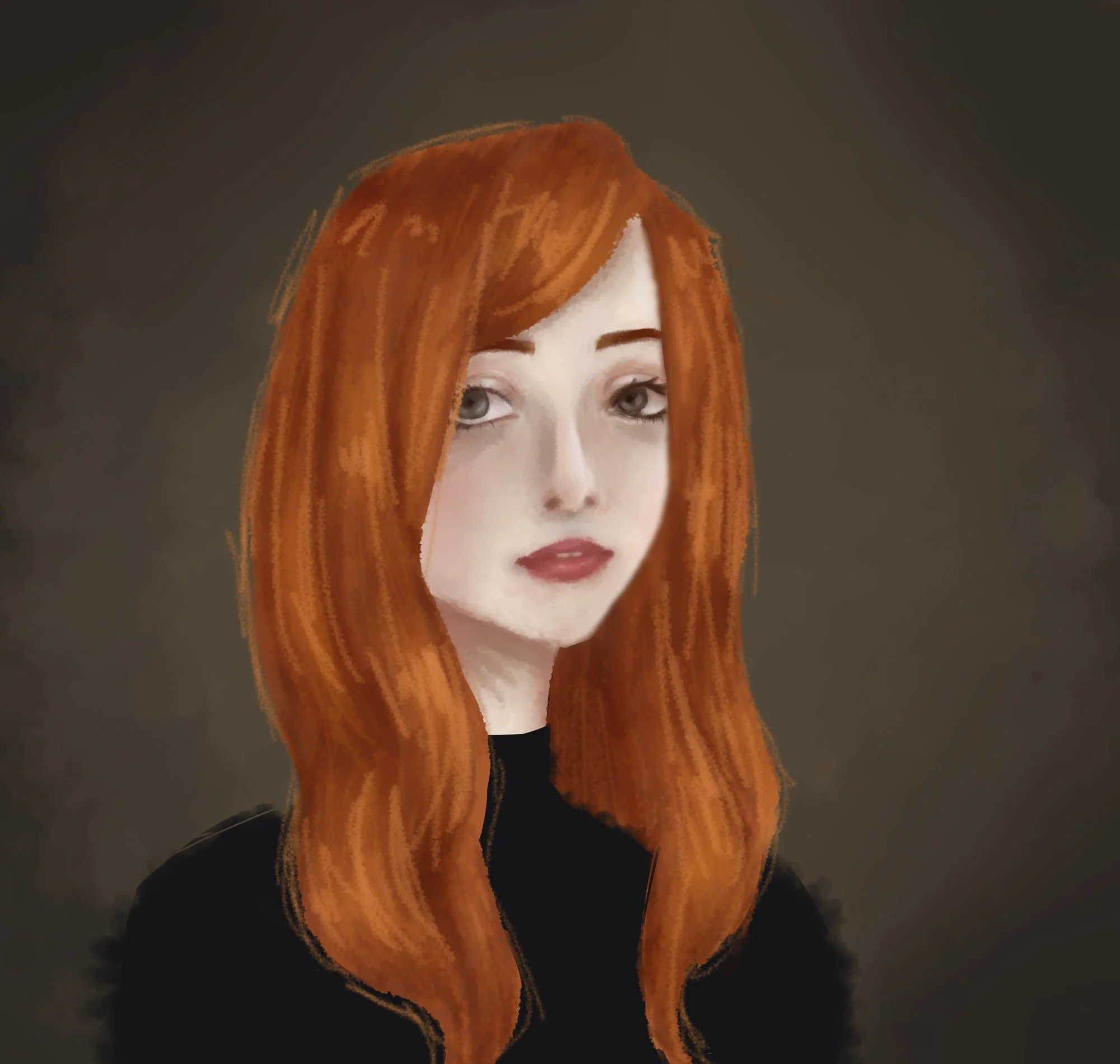 A woman with long, vibrant red hair and fair skin gazing softly at the camera with a neutral expression. She wears makeup with light eyeshadow and lipstick, and a black top. The background is plain and muted.
