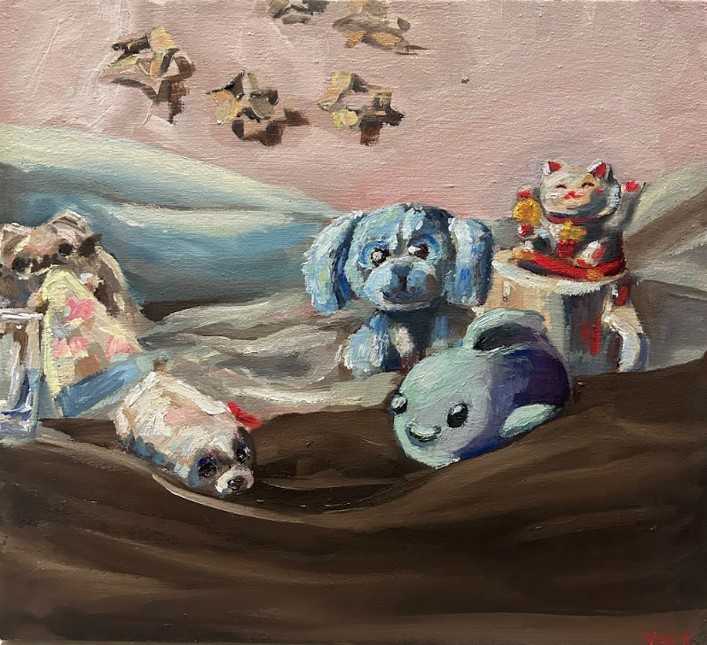 Painting of adorable plush toys including a dog, a cat, a rabbit, and a hamster, with a background of birds flying and soft bedding.