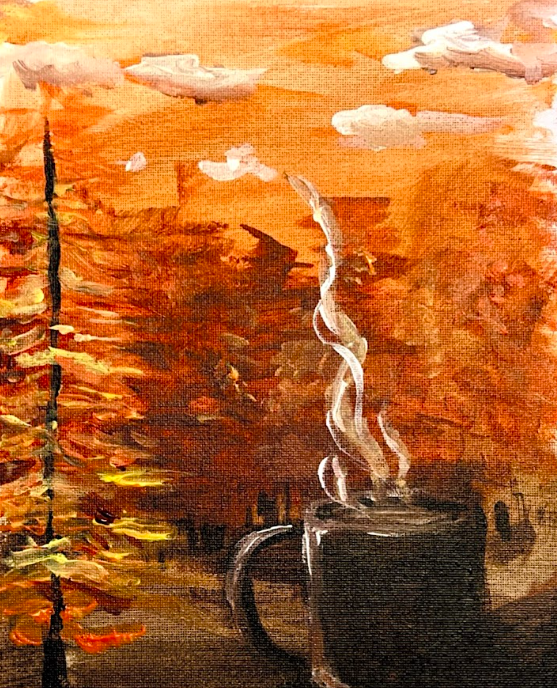 Sunset over a city skyline with a steaming coffee mug in the foreground.