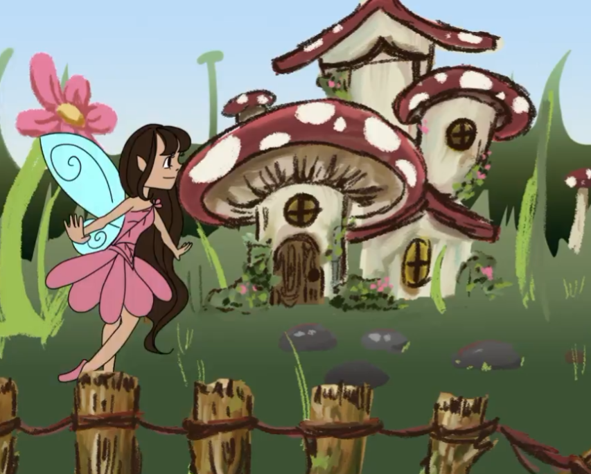 A whimsical scene with a fairy-like girl with blue wings and a pink dress standing on a wooden fence in front of a fairy house. The house is mushroom-shaped with red caps and white spots, with small windows and a wooden door, surrounded by greenery and flowers.